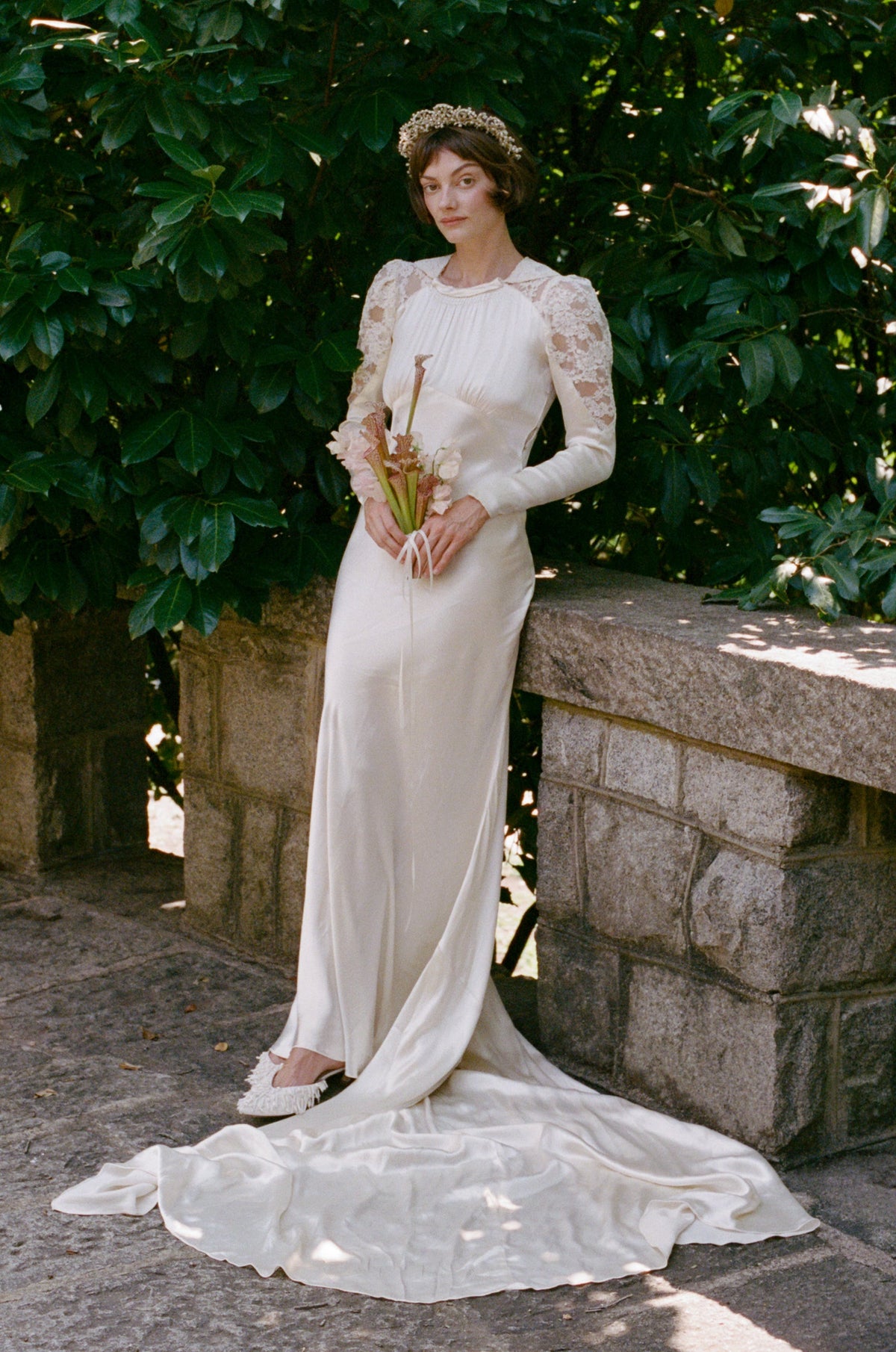 Heavenly Antique 1930’s Liquid Silk Charmeuse Wedding Gown with a Stunning Cathedral Train  Alencon Lace Shoulder and Collar Detail