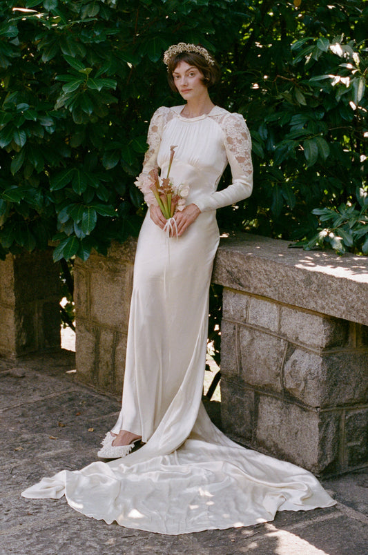 Heavenly Antique 1930’s Liquid Silk Charmeuse Wedding Gown with a Stunning Cathedral Train  Alencon Lace Shoulder and Collar Detail
