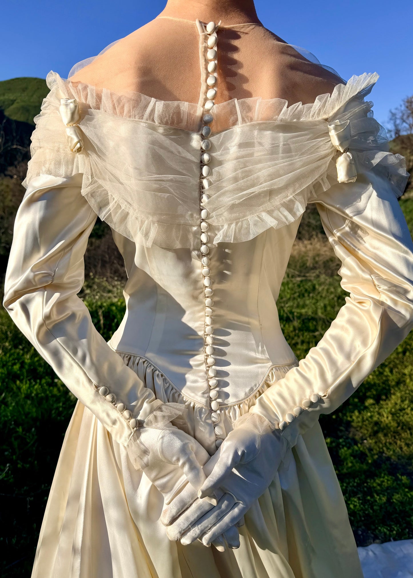 Vintage 1940's silk satin wedding dress with cathedral train