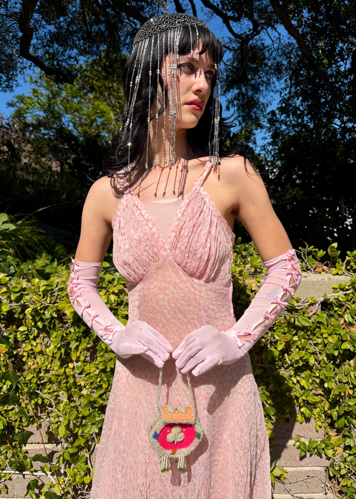 Whimsical Antique 1930’s Silk Organdy Bias Cut Maxi Dress with an Ethereal Floral Fabric Pattern