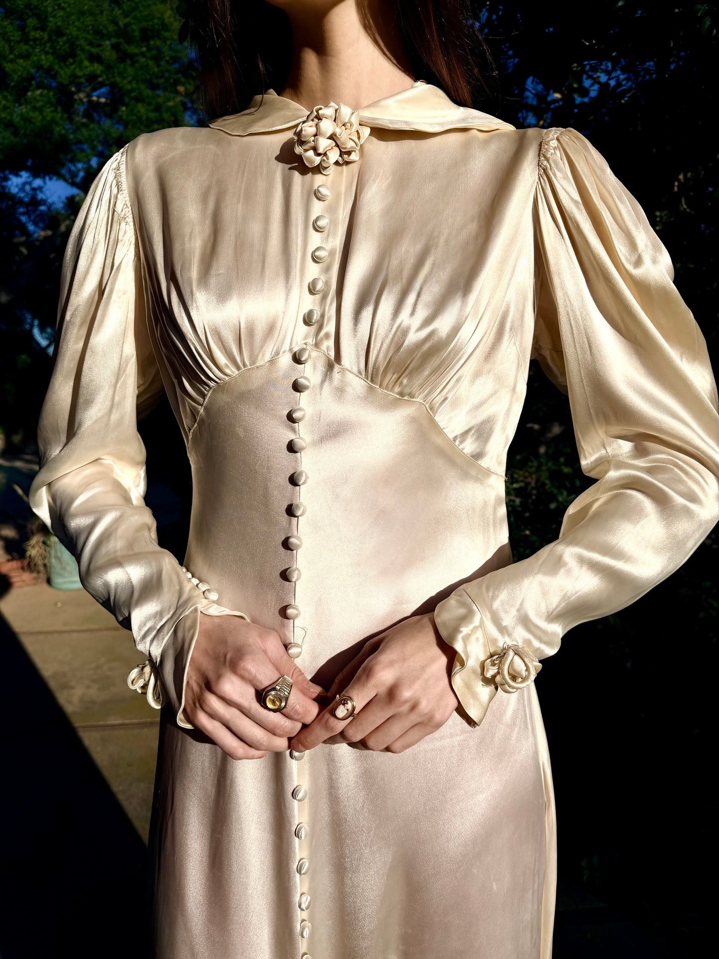 Timeless Antique 1930’s Warm Ivory Liquid Silk Charmeuse Wedding Gown with Sculptural Flower Details and Cathedral Train