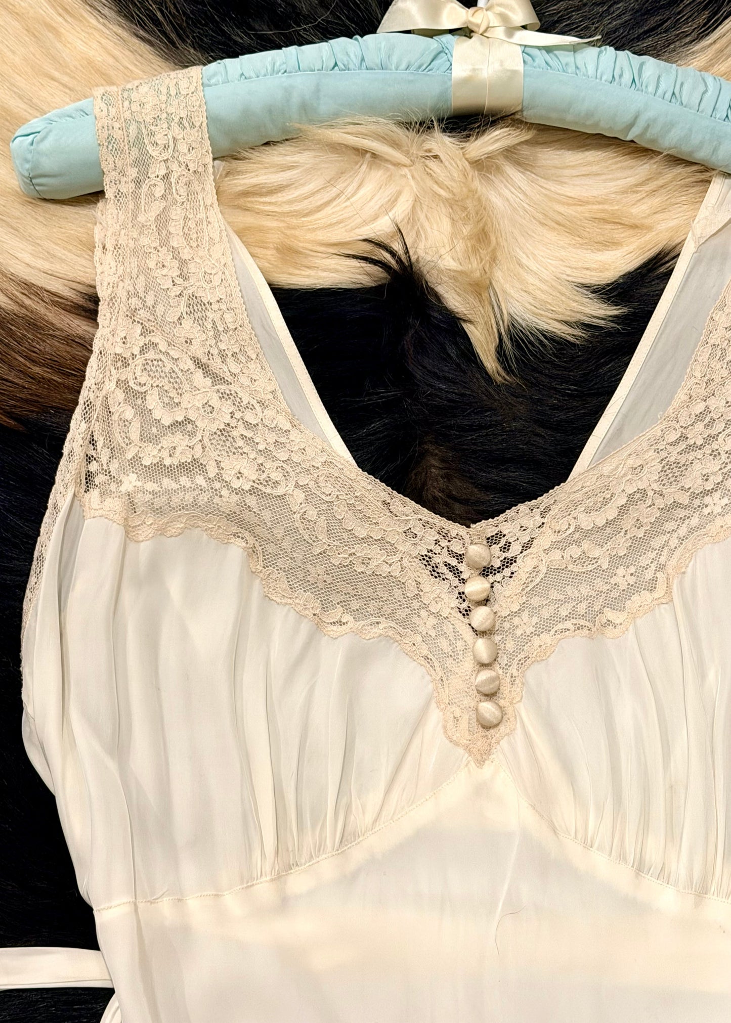 white bias cut 1930's slip dress with ecru lace