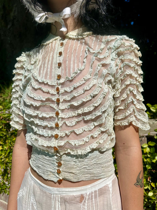 Antique 1930’s Mint Green Tiered Lace Ruffle Blouse