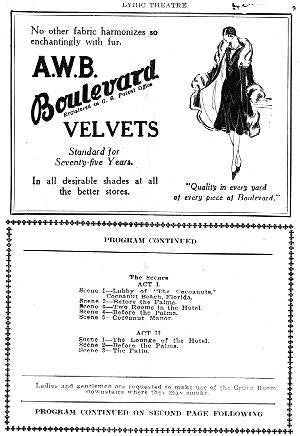 Advertisement for A.W.B. Boulevard Velvets fabric with text and a woman in a dress.