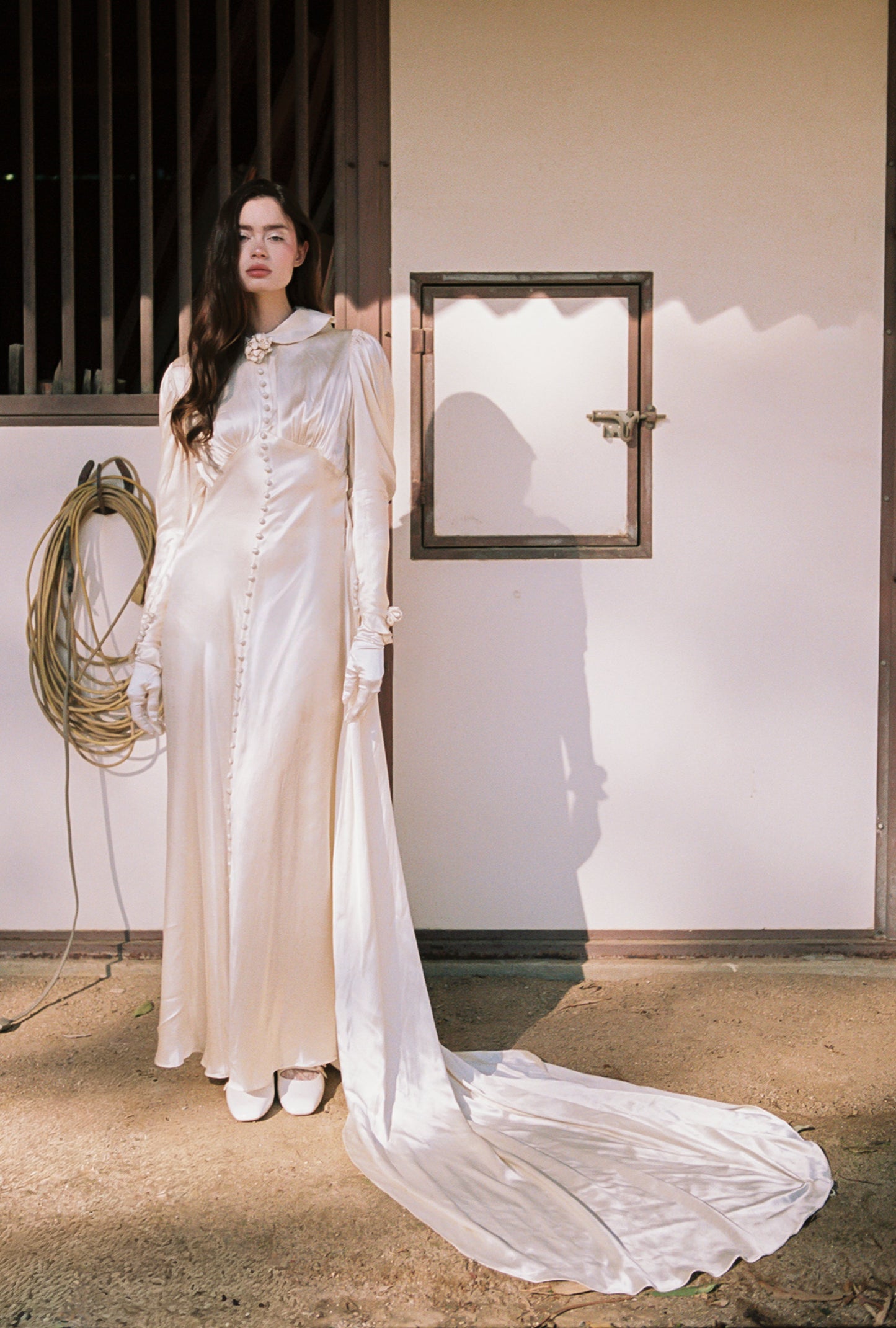 Timeless Antique 1930’s Warm Ivory Liquid Silk Charmeuse Wedding Gown with Sculptural Flower Details and Cathedral Train