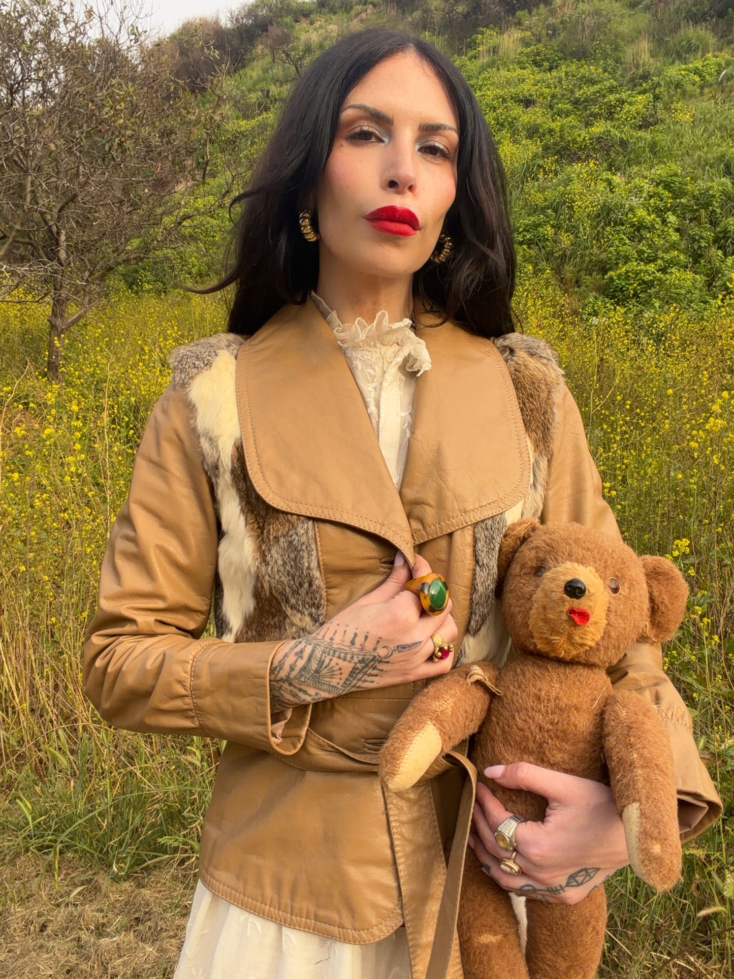Vintage 1970’s Camel Brown Leather and Diamond Shaped Patchwork Fur Detail Jacket