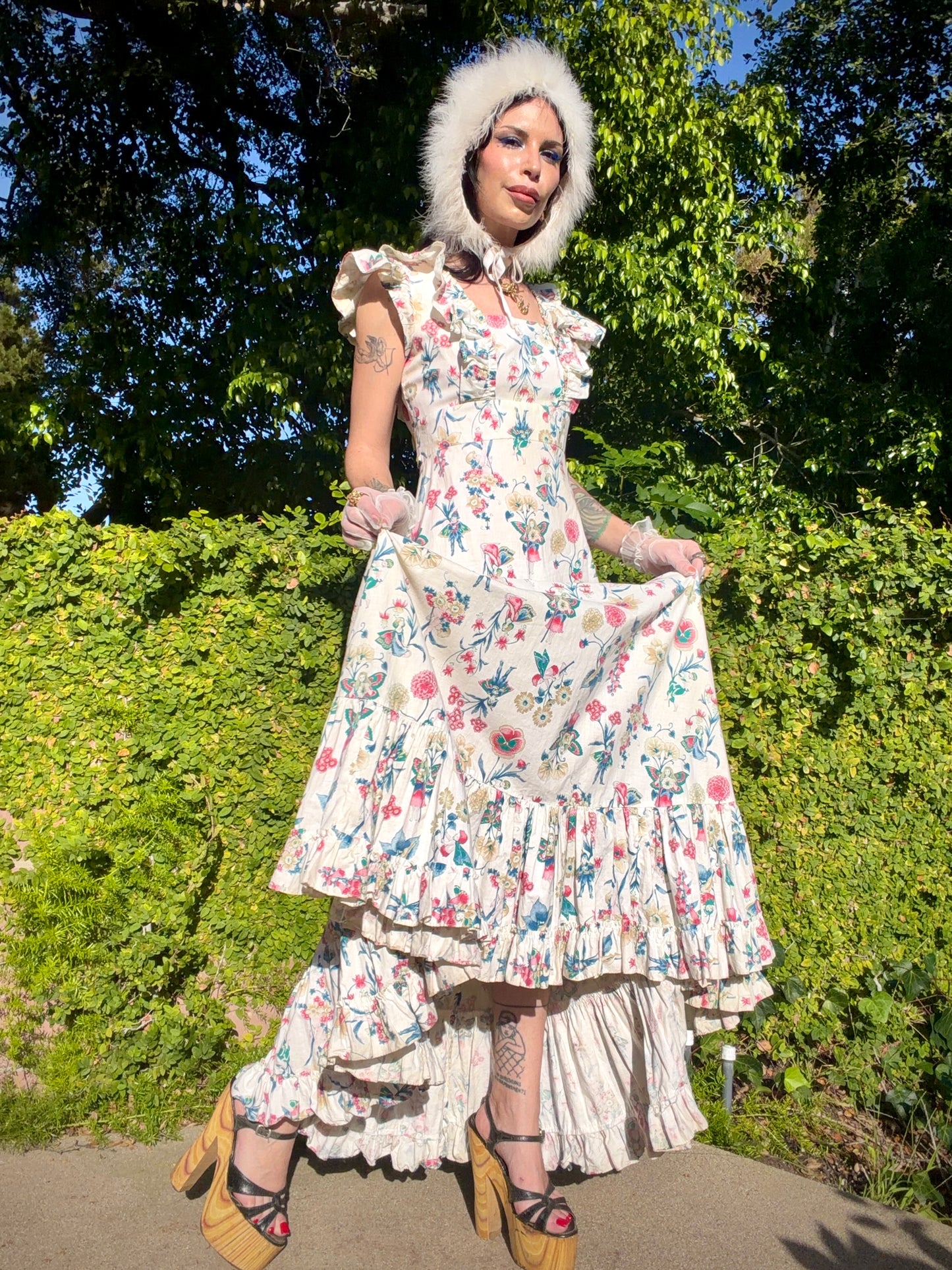 Enchanting Vintage 1970’s Prairie Maxi Gown with a Whimsical Novelty Print of Fairies, Cherubs and Florals