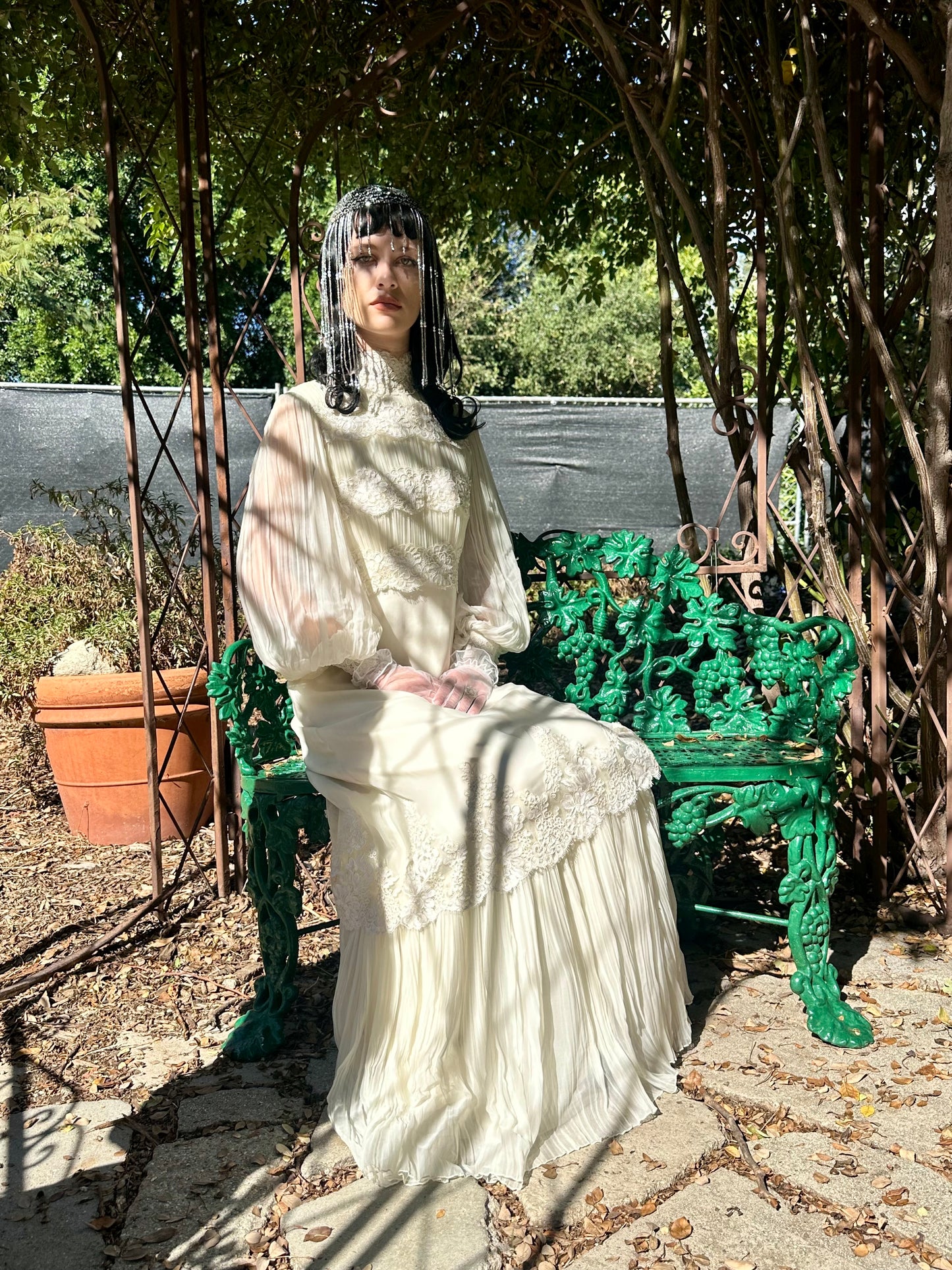 Whimsical Vintage 1970's Victorian Inspired Silk Chiffon Alencon Lace Bridal Dress in Alabaster