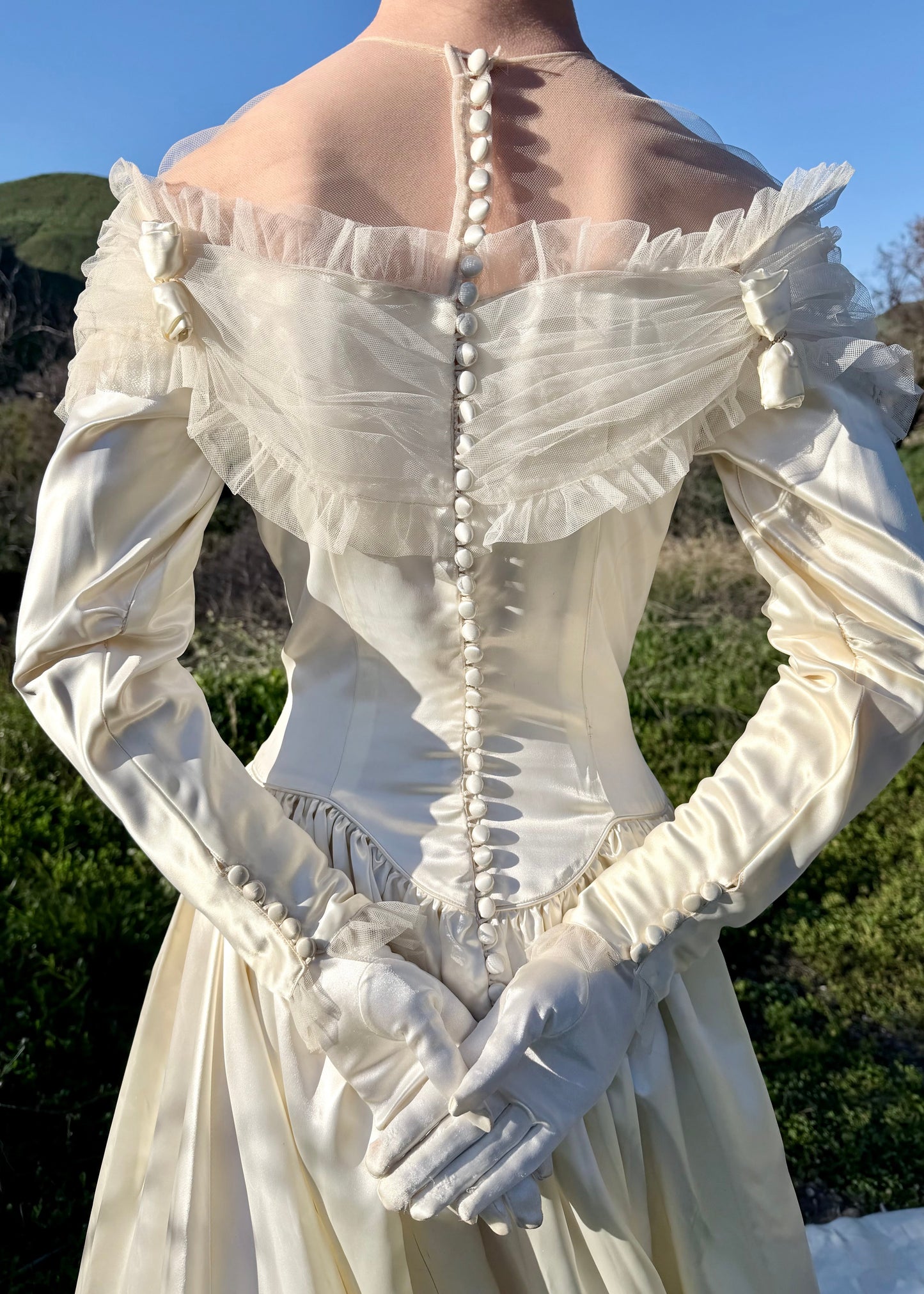 Rare, Exceptionally Stunning, Vintage 1940’s Liquid Silk Satin Charmeuse Wedding Gown in Ivory with a Basque Waist and 86" Cathedral Train. Designed by: Miriam Originals New York