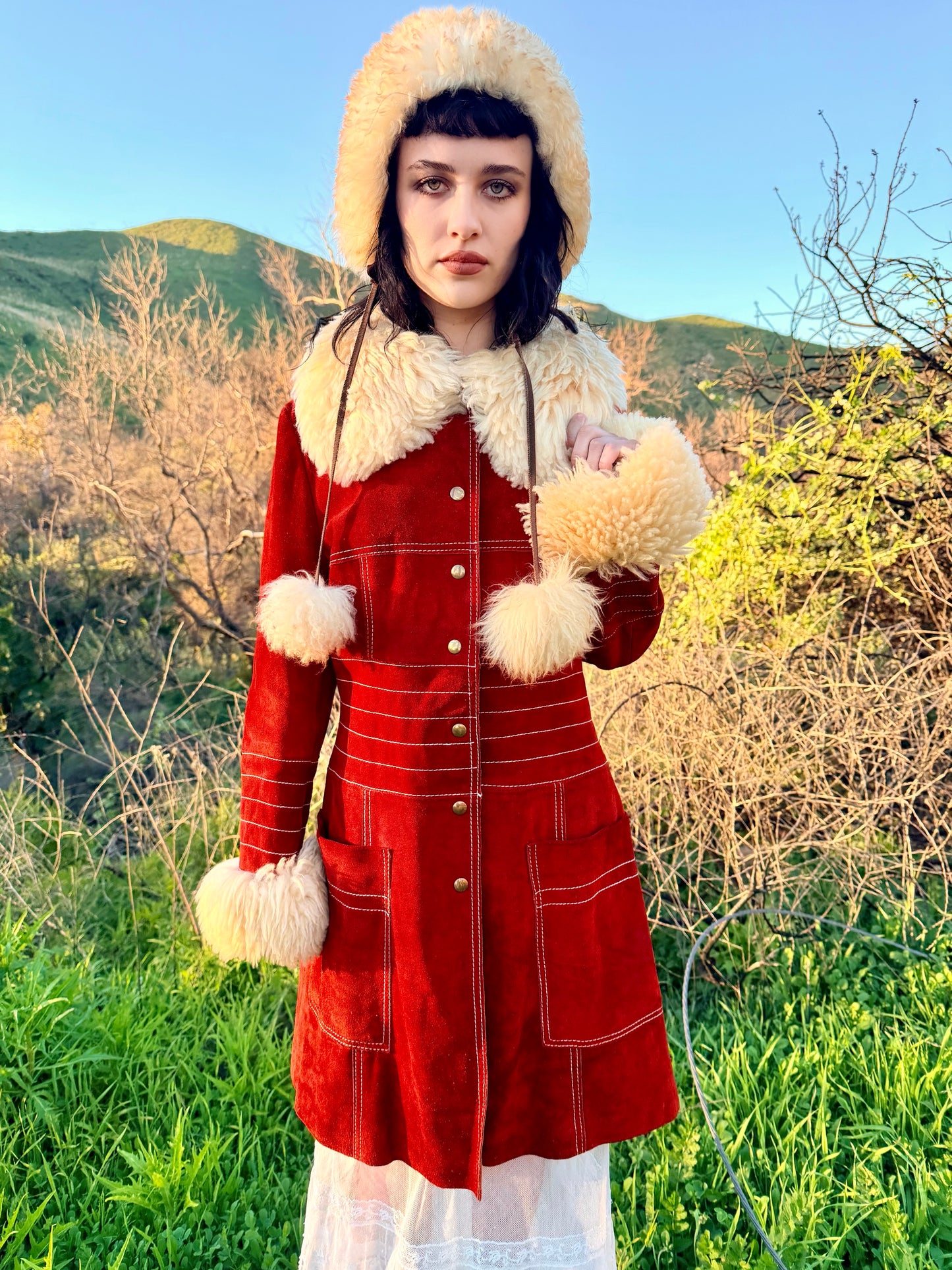 Genuine Suede Leather Vintage 1970’s Penny Lane Coat with Shearling Collar and Cuffs By: VANY Arcelus