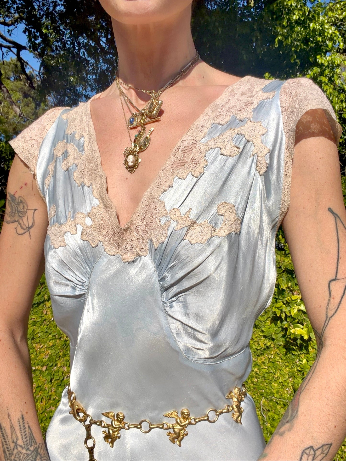 Whimsical Ice Blue Antique 1930's Silk Charmeuse Bias Cut Slip Dress with Cream Lace Inserts - Volup Size