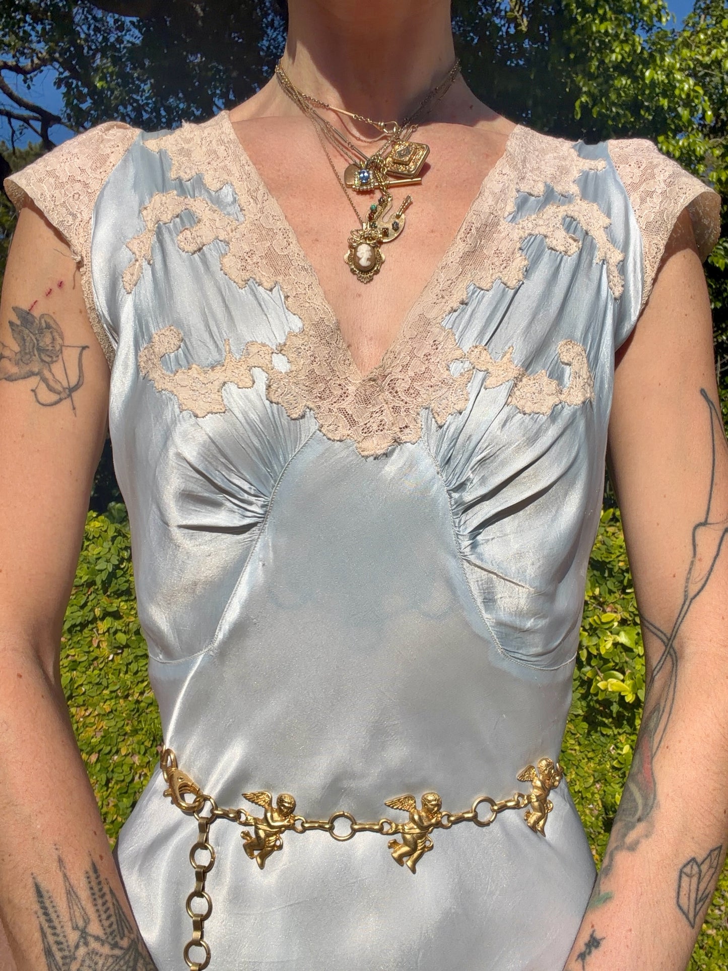 Whimsical Ice Blue Antique 1930's Silk Charmeuse Bias Cut Slip Dress with Cream Lace Inserts - Volup Size