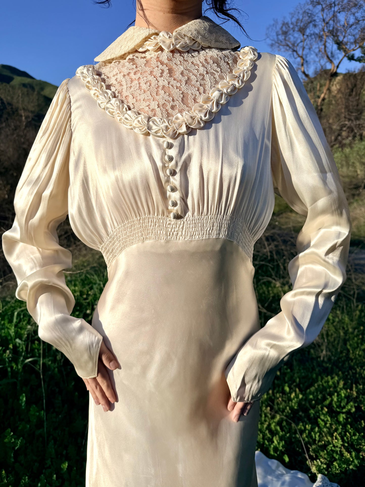 Romantic Antique 1930's Bias Cut Charmeuse Satin Wedding Gown in Candlelight with Rosette Details