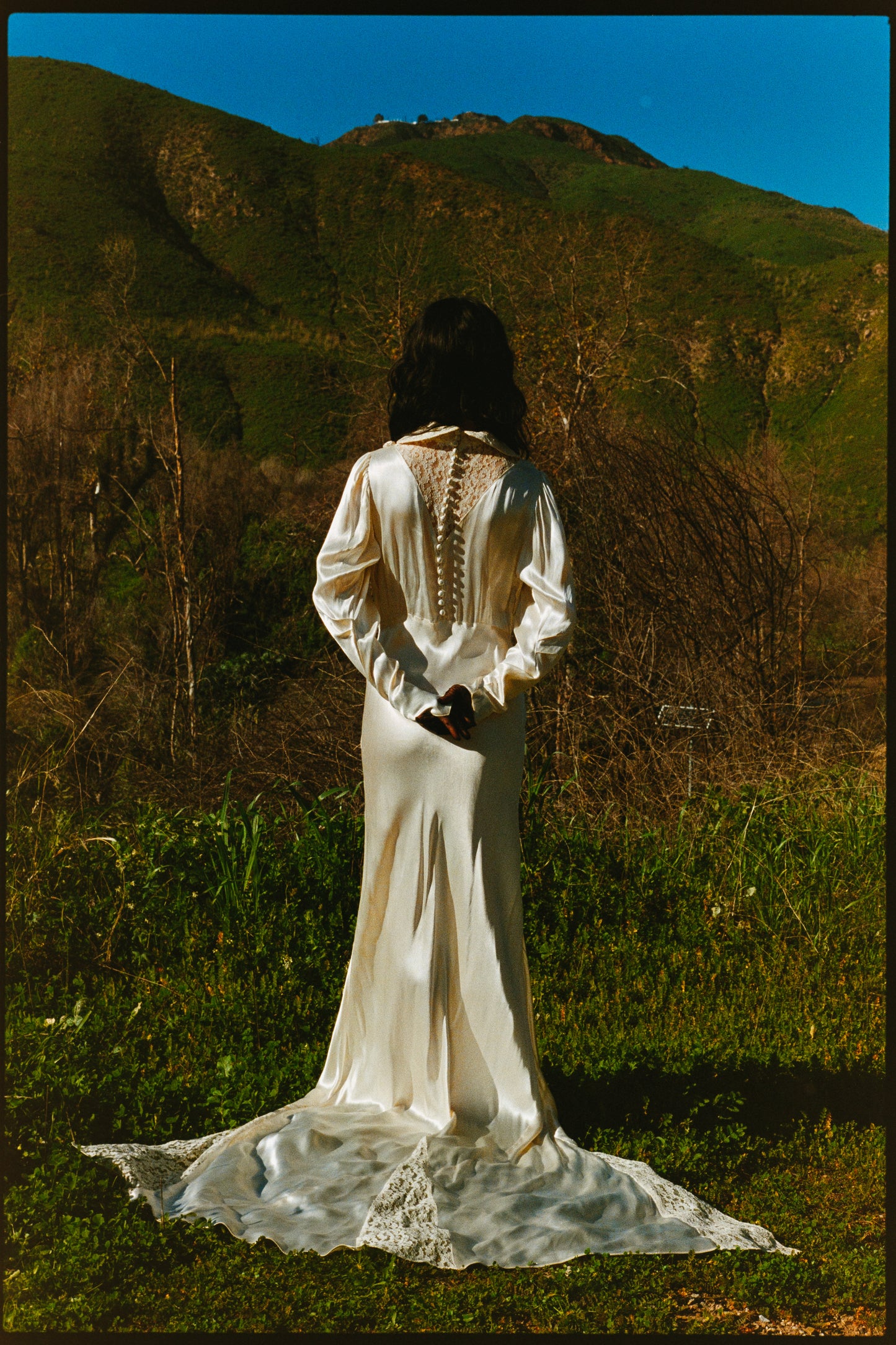 Romantic Antique 1930's Bias Cut Charmeuse Satin Wedding Gown in Candlelight with Rosette Details