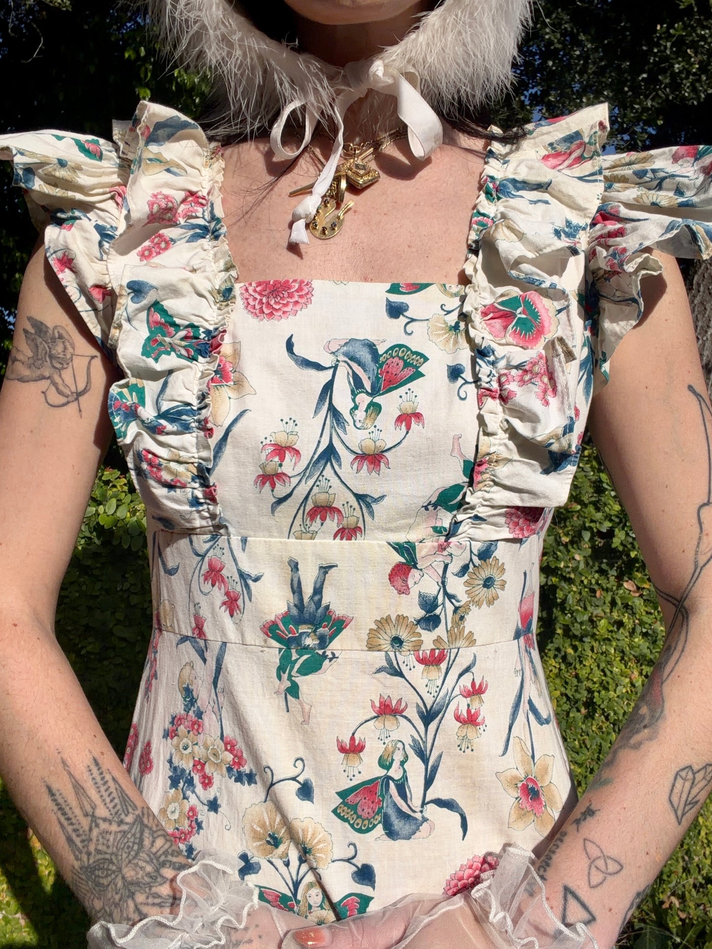 Enchanting Vintage 1970’s Prairie Maxi Gown with a Whimsical Novelty Print of Fairies, Cherubs and Florals