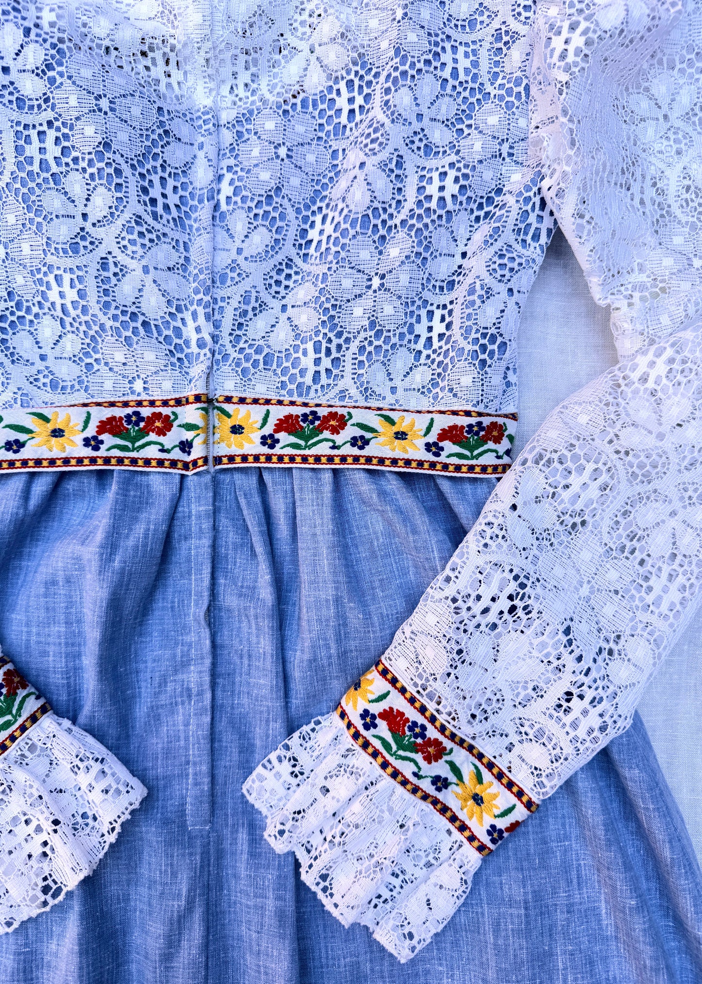 Vintage 1970’s Prairie Maxi Dress Made With Chambray Denim, Bone White Lace, and Leg Of Mutton Sleeves