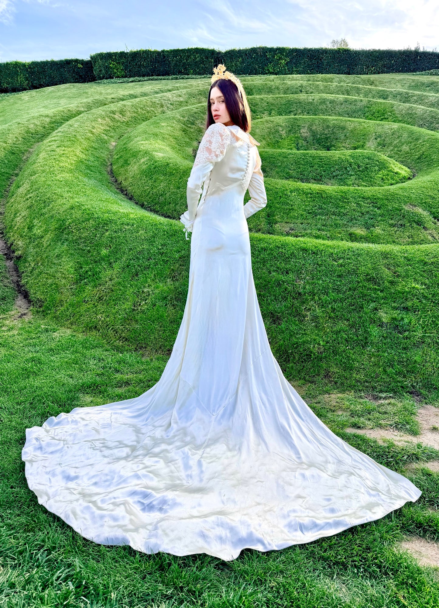 Heavenly Antique 1930’s Liquid Silk Charmeuse Wedding Gown with a Stunning Cathedral Train  Alencon Lace Shoulder and Collar Detail