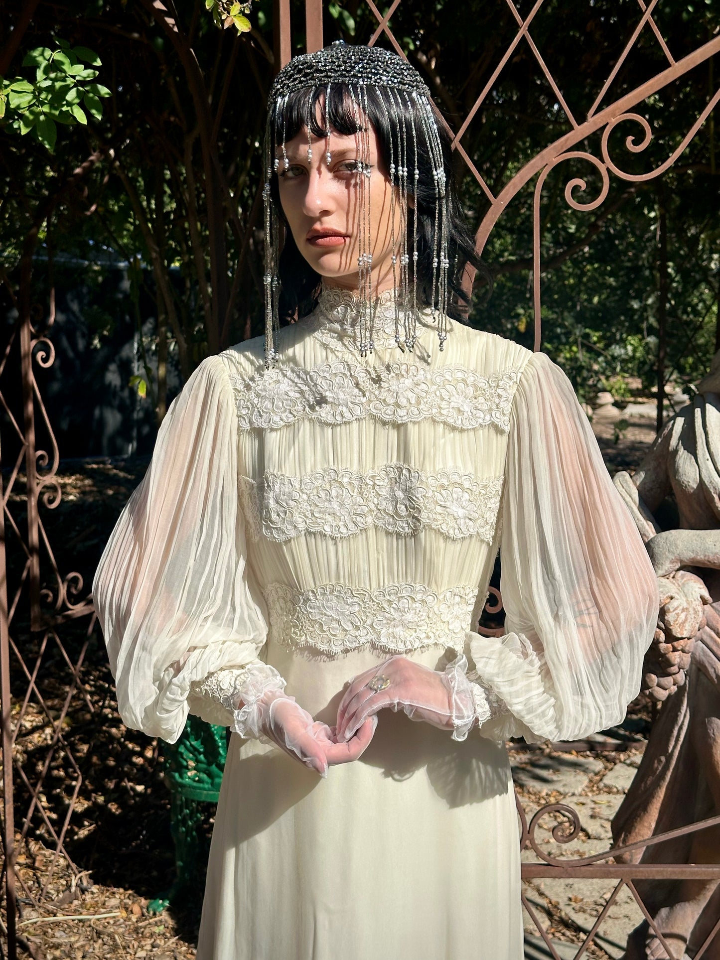 Whimsical Vintage 1970's Victorian Inspired Silk Chiffon Alencon Lace Bridal Dress in Alabaster
