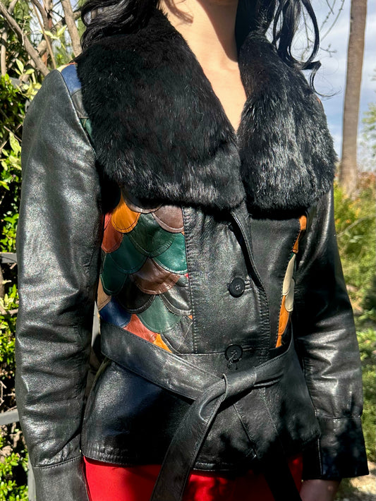 Genuine Leather Rare 1970's Scalloped Fish Scale Belted Jacket With Fur Collar