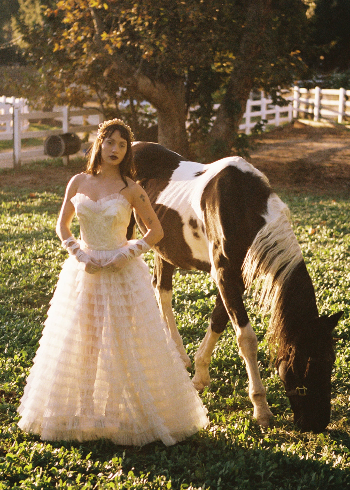 Woman in a vintage wedding dress standing next to a horse in a grassy field with trees and a fence in the background.