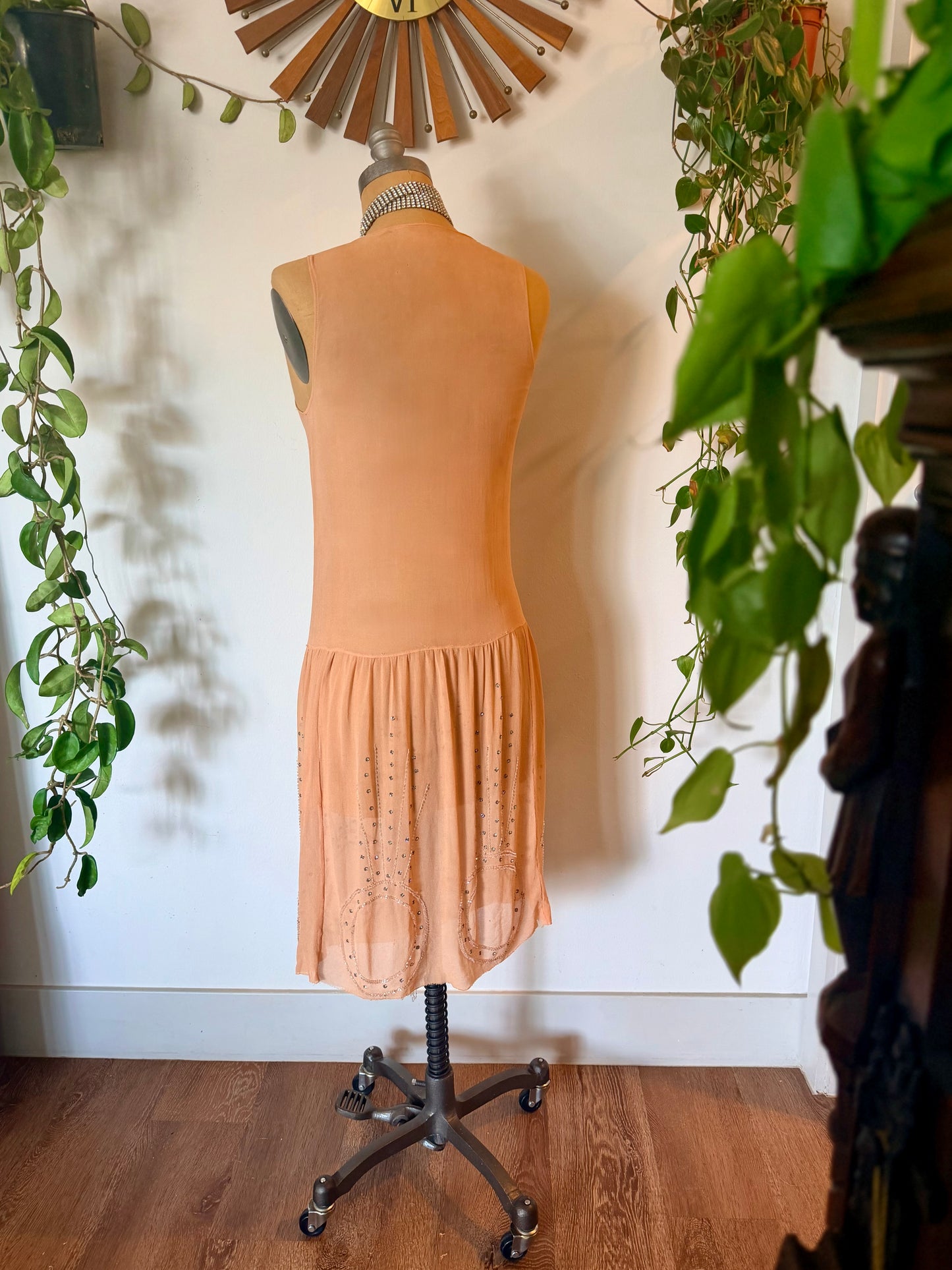 Rare, Angelic, Art Deco Antique 1920’s Silk Chiffon Dress in Peachy Pink Glass Rhinestones and Silver Microbead Tassles