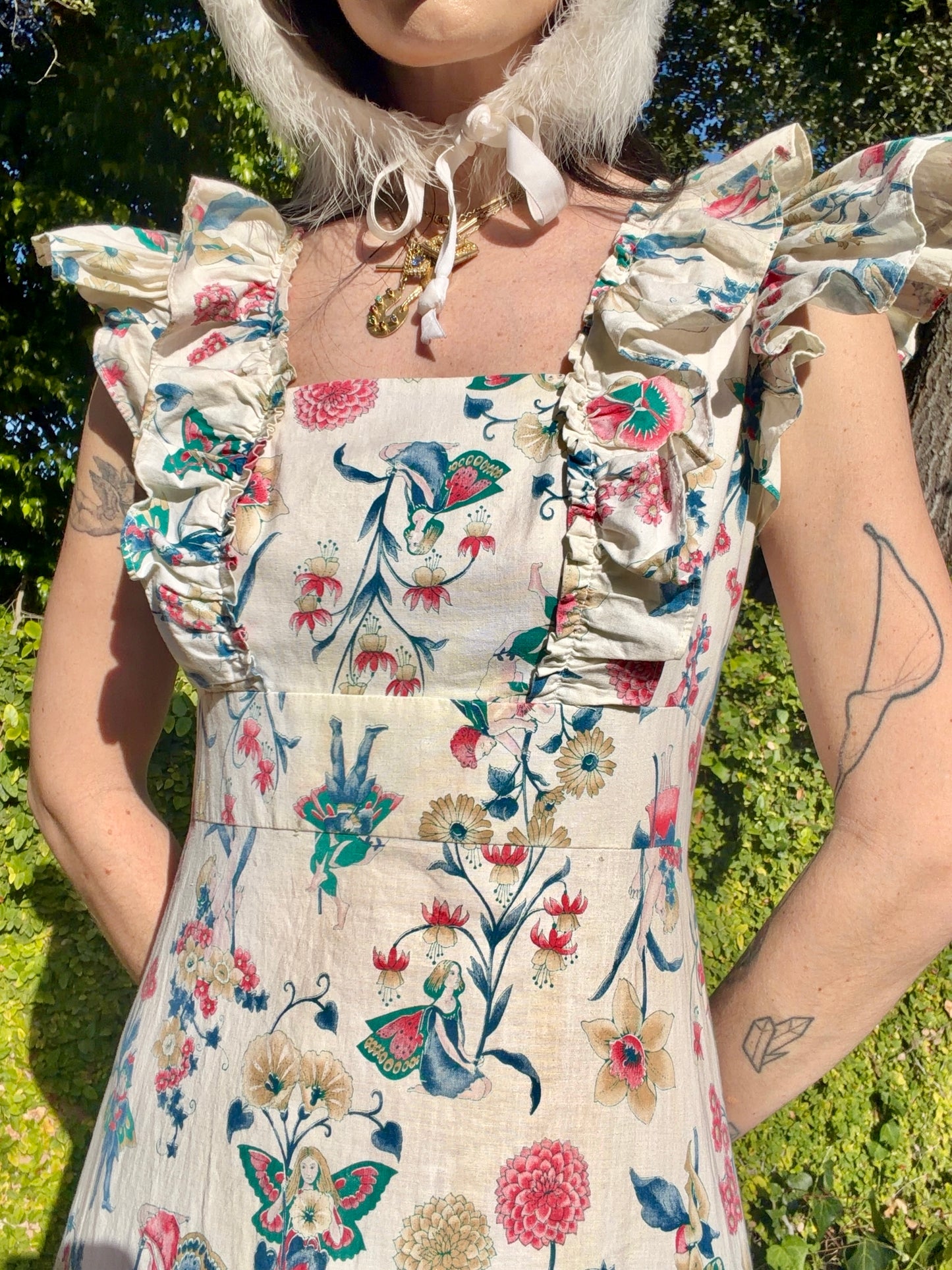 Enchanting Vintage 1970’s Prairie Maxi Gown with a Whimsical Novelty Print of Fairies, Cherubs and Florals