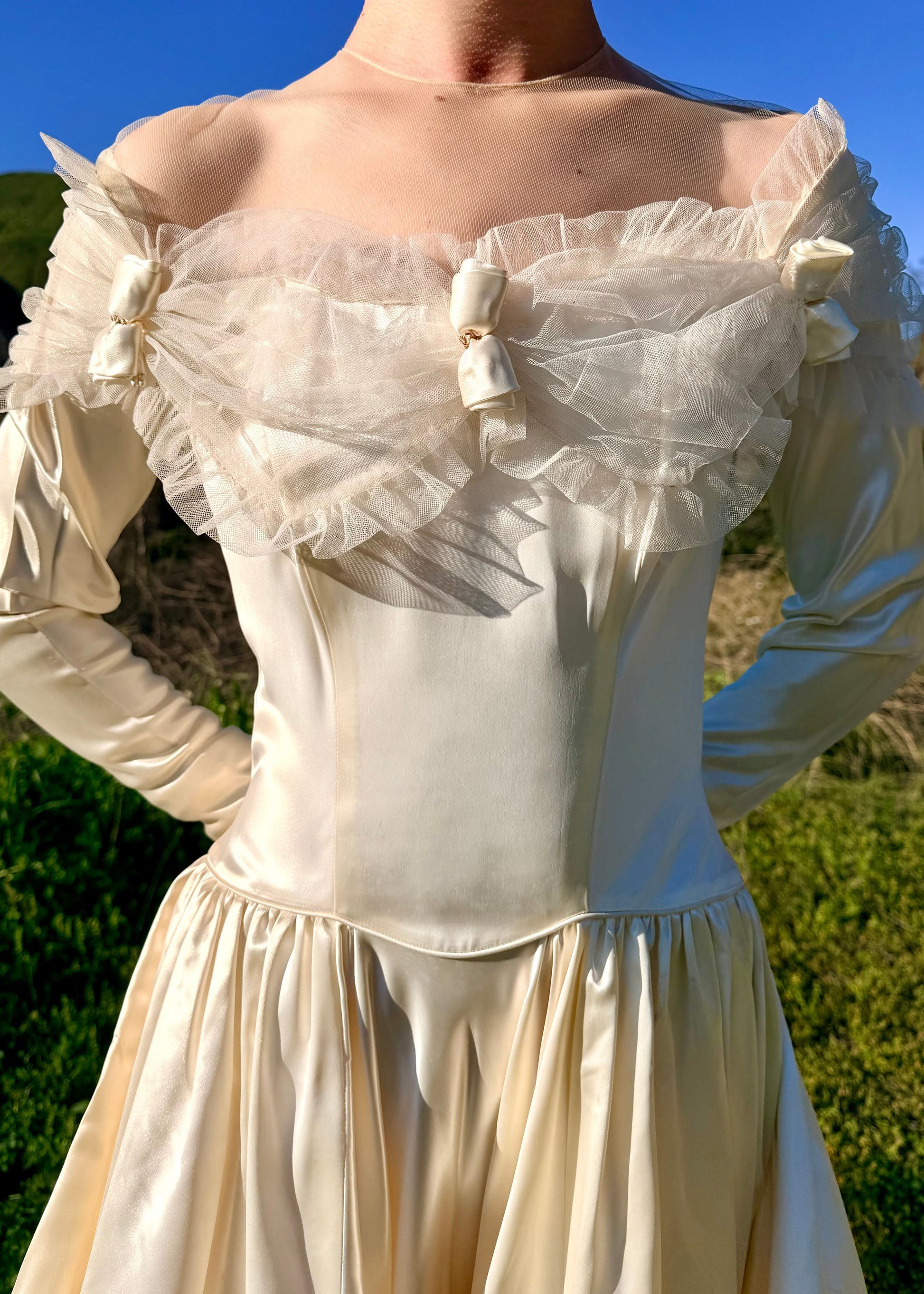 Vintage 1940's silk satin wedding dress with cathedral train