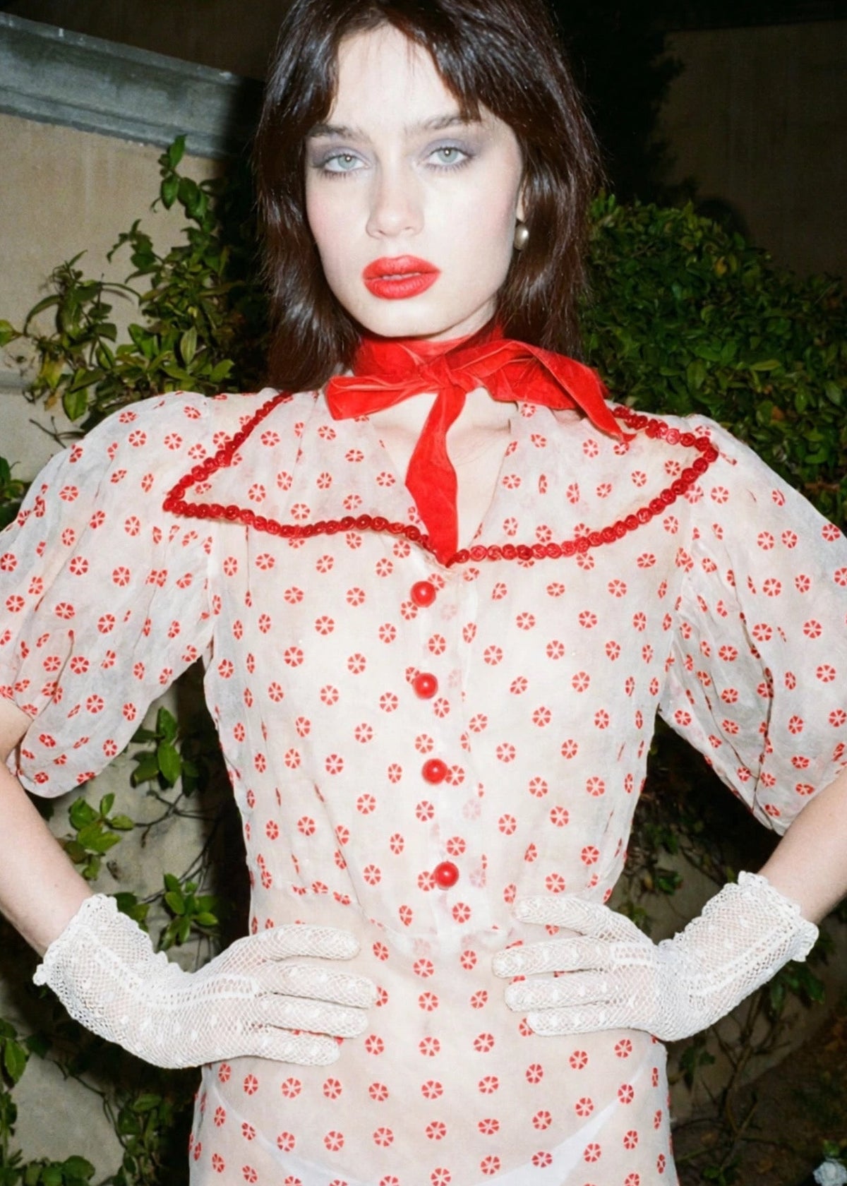 One-of-One Antique 1930’s Silk Organdy Bias Cut Maxi Gown with Red Flocked Flowers, Puff Sleeves, Re-Designed in House | XS - M