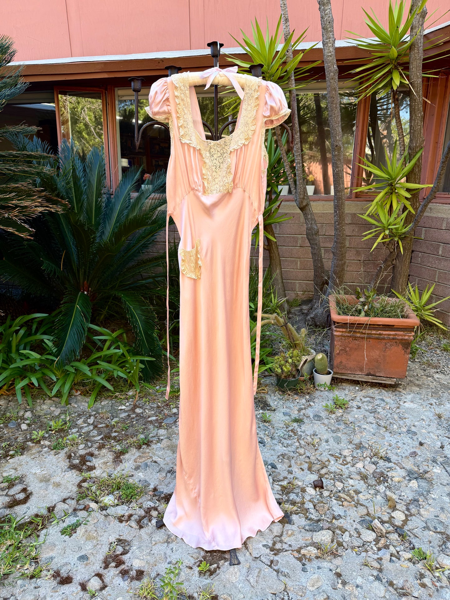 Stunning Antique 1930’s Cherry Blossom Pink Bias Cut Silk Slip Dress with Unique Lace Detail
