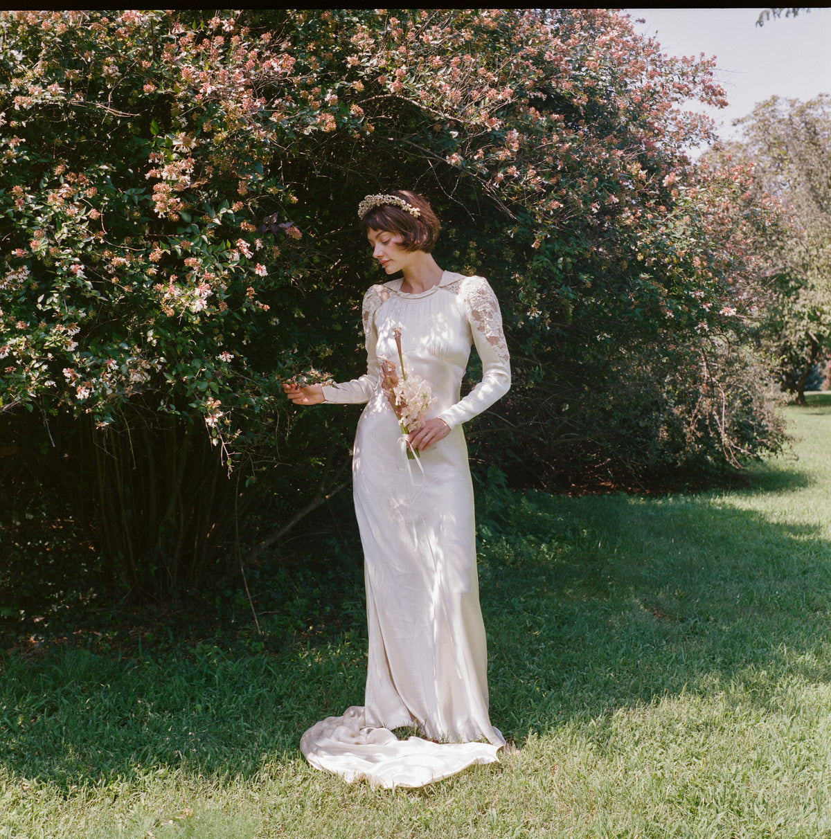 Heavenly Antique 1930’s Liquid Silk Charmeuse Wedding Gown with a Stunning Cathedral Train  Alencon Lace Shoulder and Collar Detail
