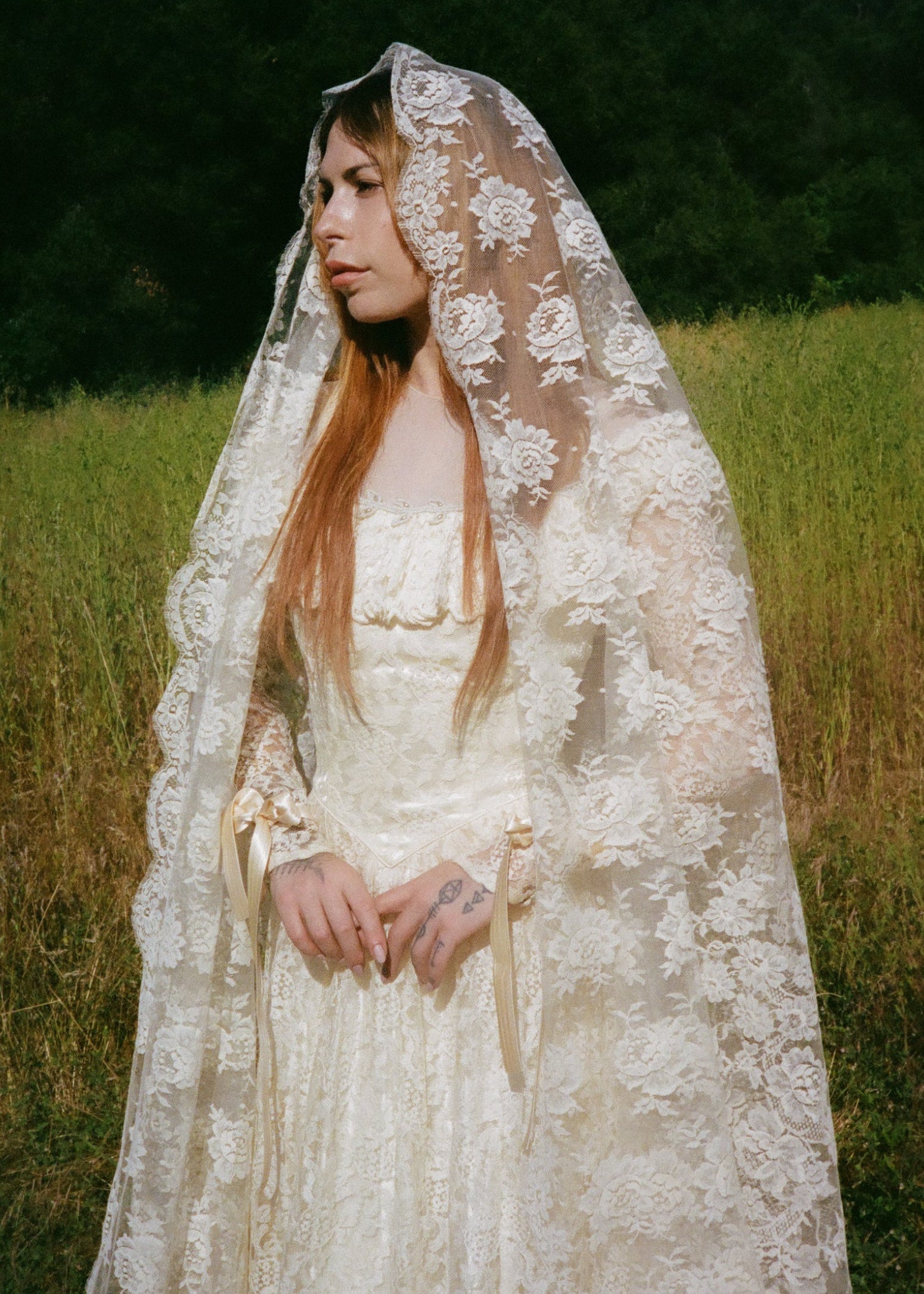 Woman wearing a lace veil and dress in a field