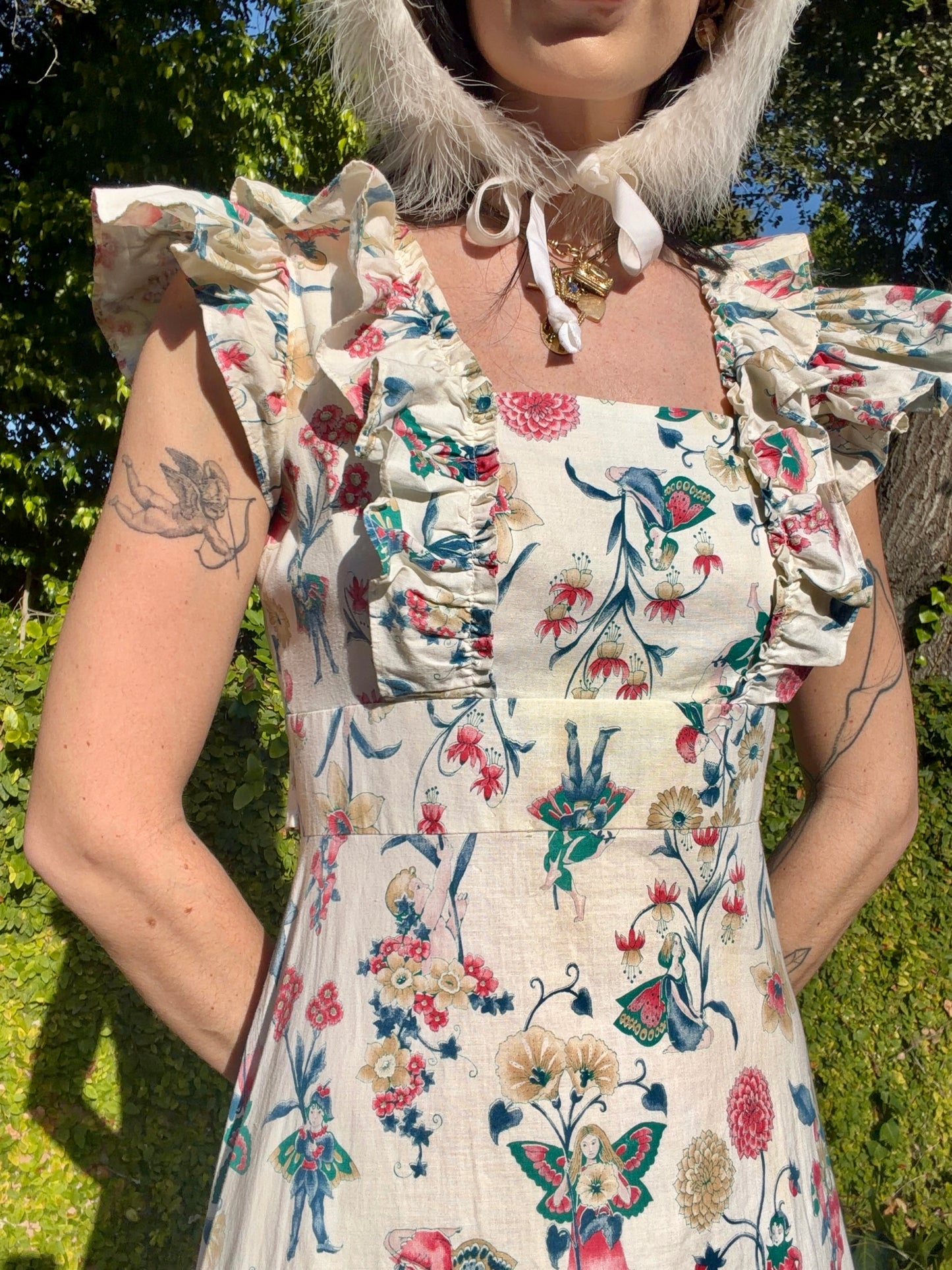 Enchanting Vintage 1970’s Prairie Maxi Gown with a Whimsical Novelty Print of Fairies, Cherubs and Florals