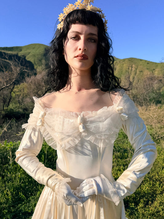 Dramatic Period Piece 1940's Miriam Originals New York Liquid Satin Wedding Gown Basque Waist with an 86" Cathedral Train