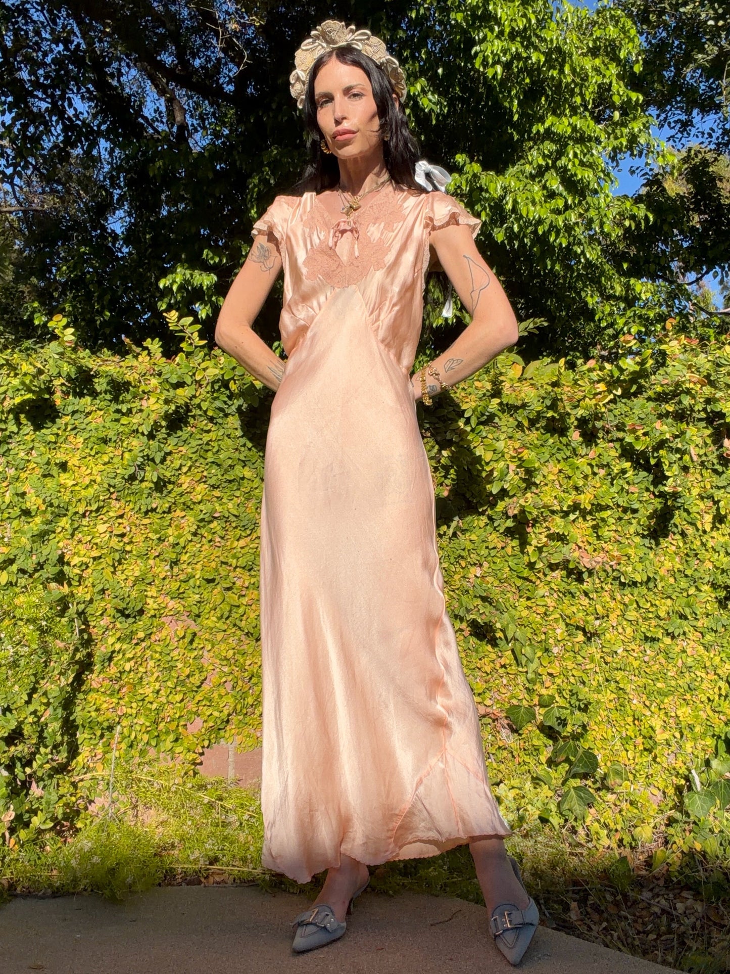 Antique late 1930’s / Early 1940’s Silk Satin Peachy Pink Slip Dress With Lace Inserts and Flutter Shoulder Sleeves