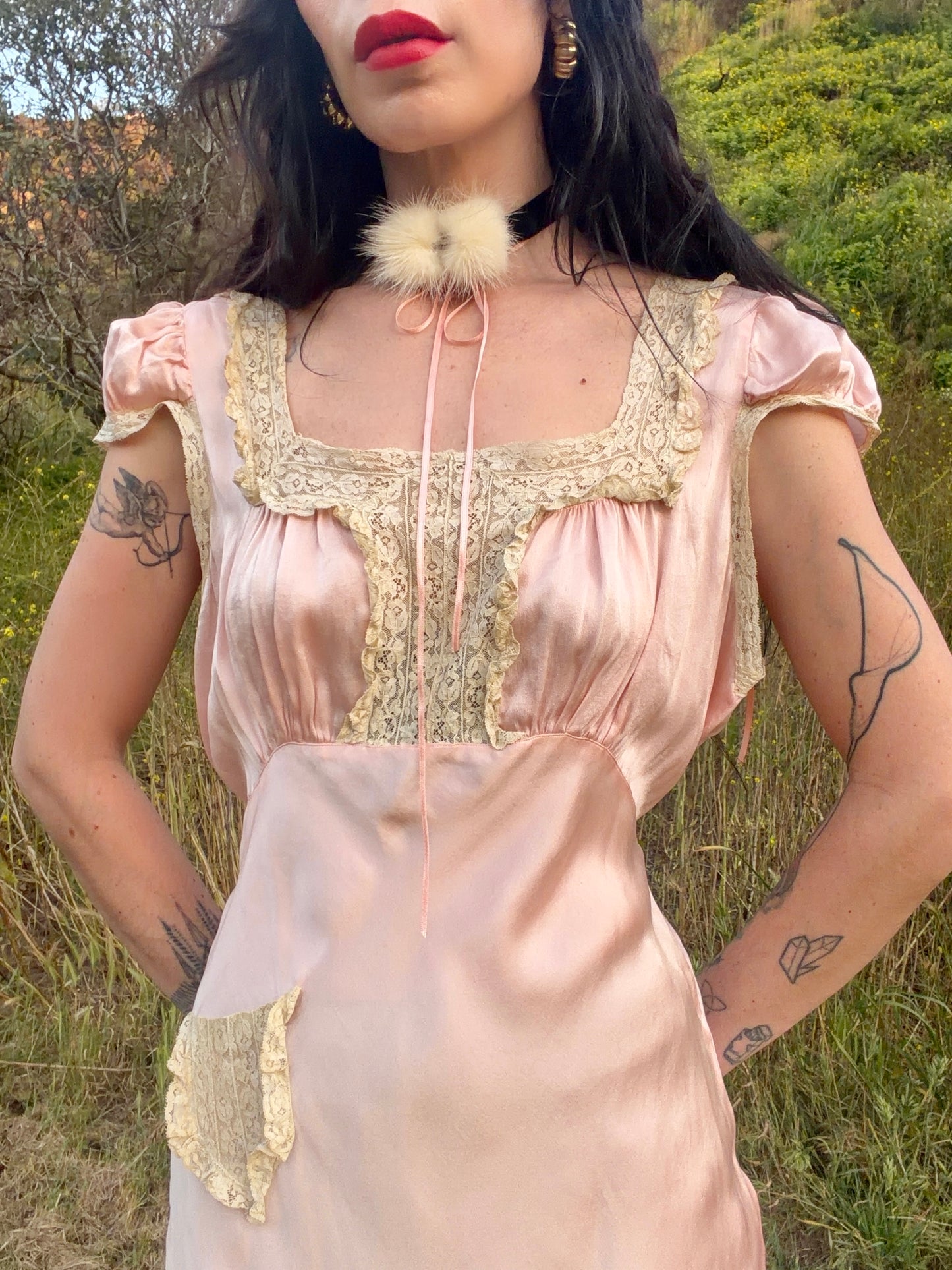 Stunning Antique 1930’s Cherry Blossom Pink Bias Cut Silk Slip Dress with Unique Lace Detail