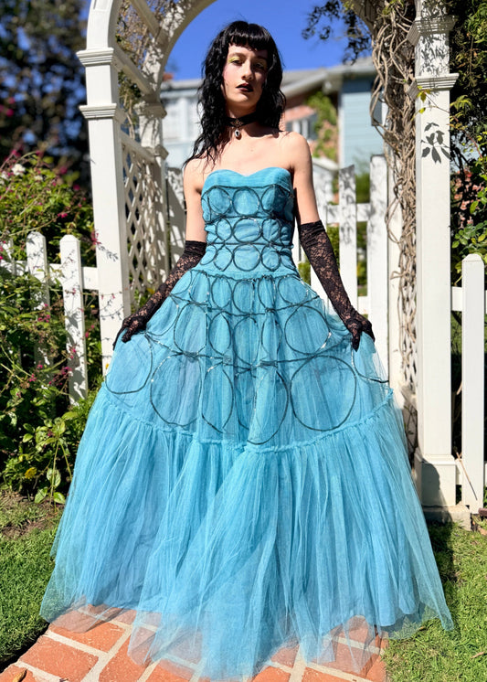 Glamorous Vintage late 1940’s/early 1950’s Strapless Tulle Ball Gown with Hand Sewn Silver Sequin Appliqué - One of One