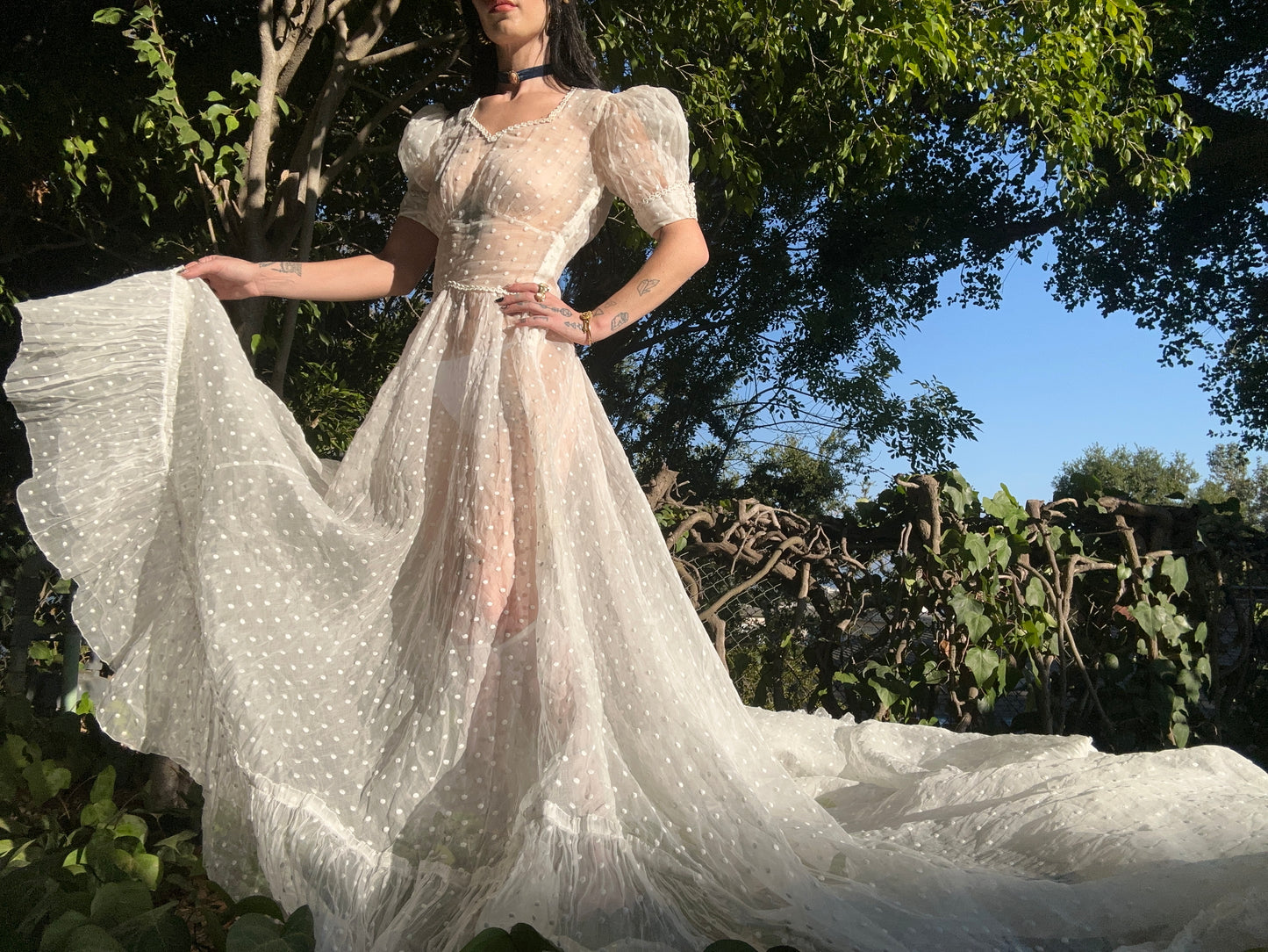 Sensational Ultra Rare Antique 1930’s Silk Organdy Swiss Dot Bone White Wedding Gown with an 80” Cathedral Train