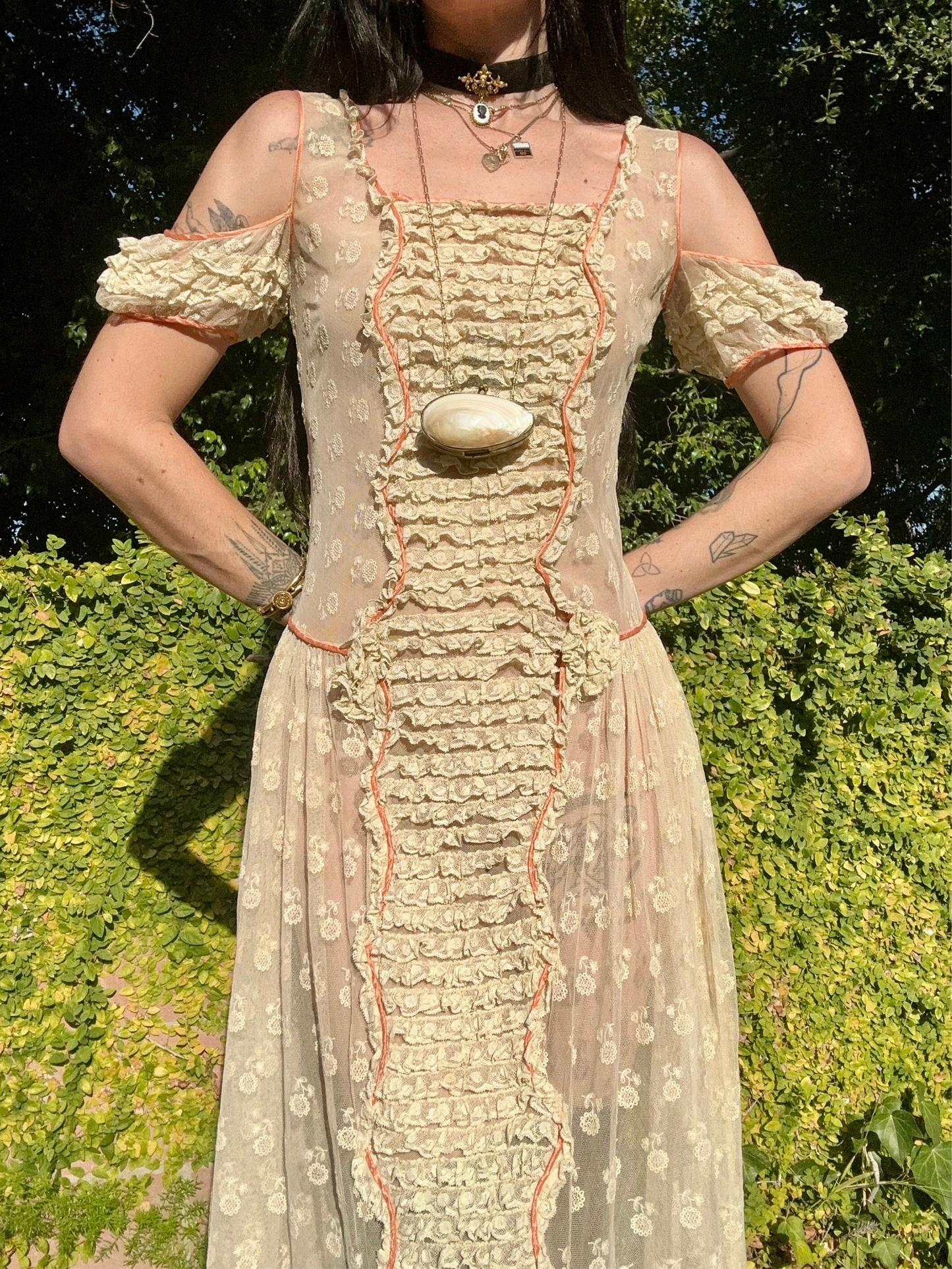Rare antique 1920’s/1930’s silk tulle lace and tiered frill trim day dress