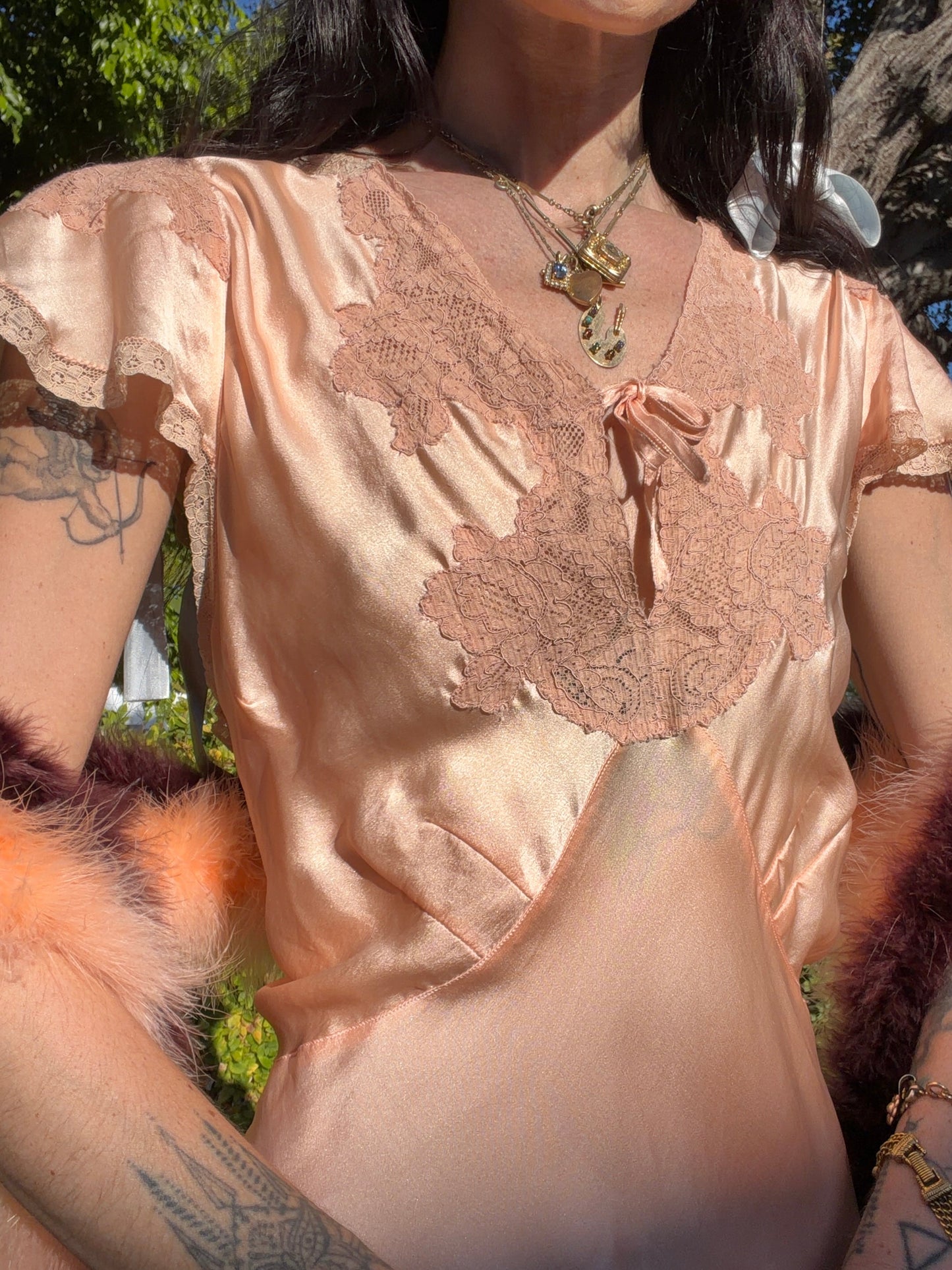 Antique late 1930’s / Early 1940’s Silk Satin Peachy Pink Slip Dress With Lace Inserts and Flutter Shoulder Sleeves