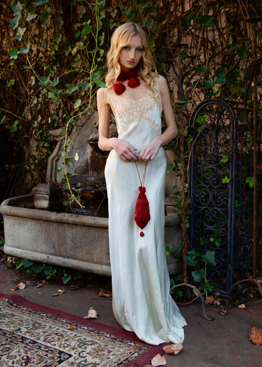 Heavenly Antique 1940’s Silk Slip Bias Cut Dress in Mint with Ecru Lace and Lace Appliqué - One of One