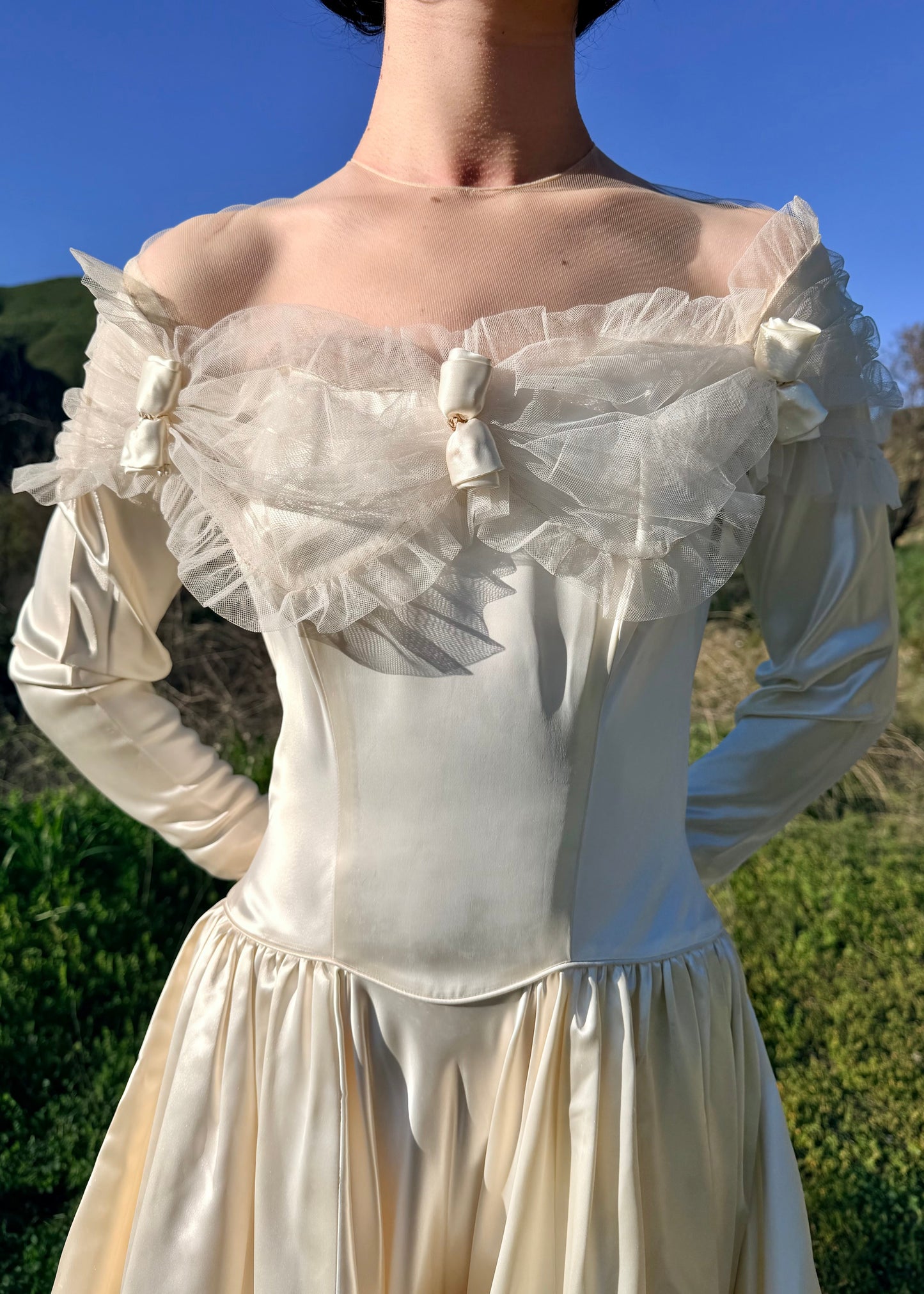 Rare, Exceptionally Stunning, Vintage 1940’s Liquid Silk Satin Charmeuse Wedding Gown in Ivory with a Basque Waist and 86" Cathedral Train. Designed by: Miriam Originals New York
