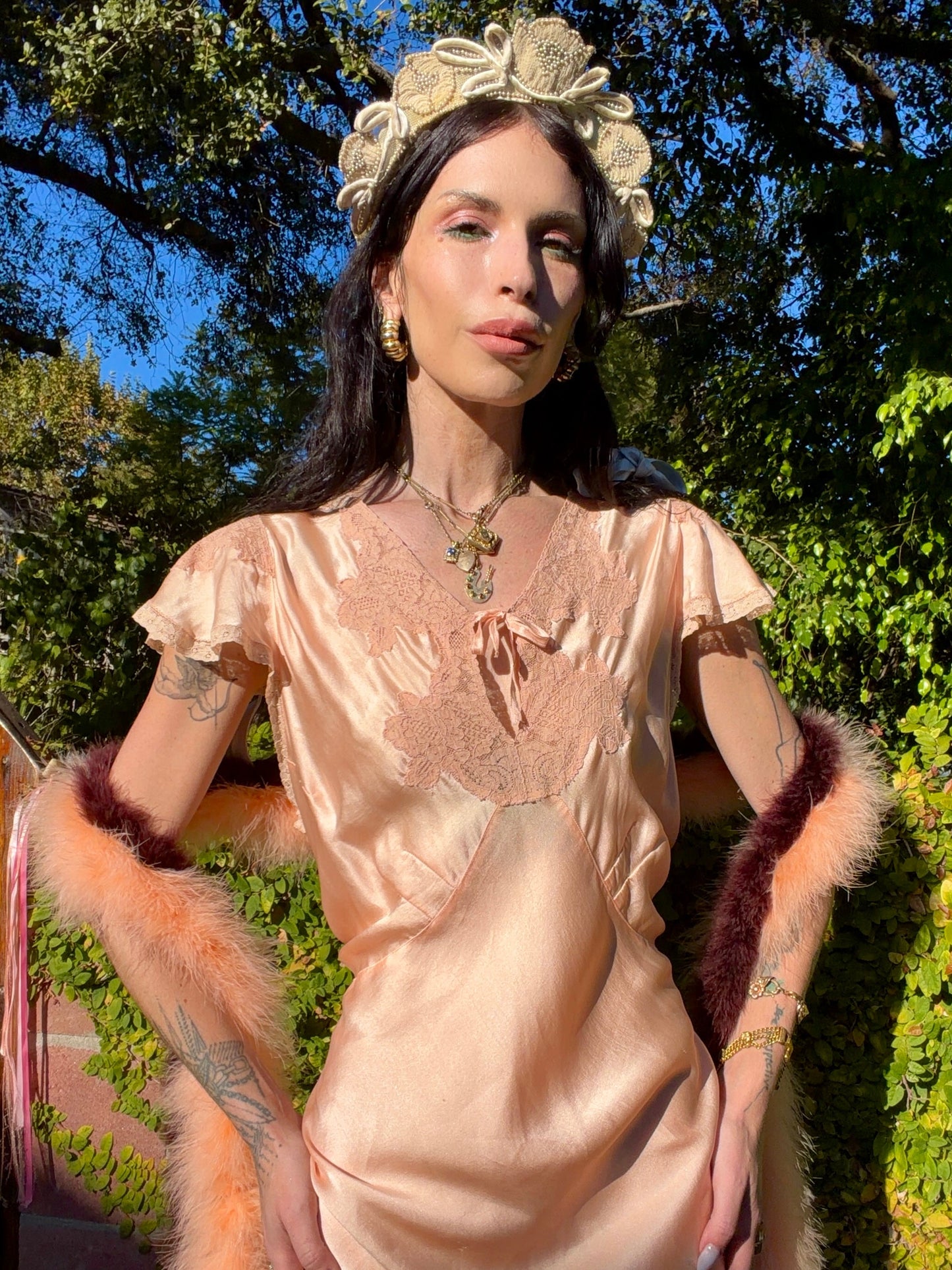Antique late 1930’s / Early 1940’s Silk Satin Peachy Pink Slip Dress With Lace Inserts and Flutter Shoulder Sleeves