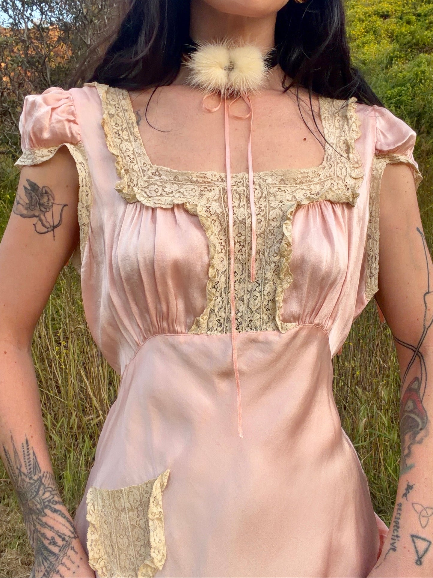Stunning Antique 1930’s Cherry Blossom Pink Bias Cut Silk Slip Dress with Unique Lace Detail