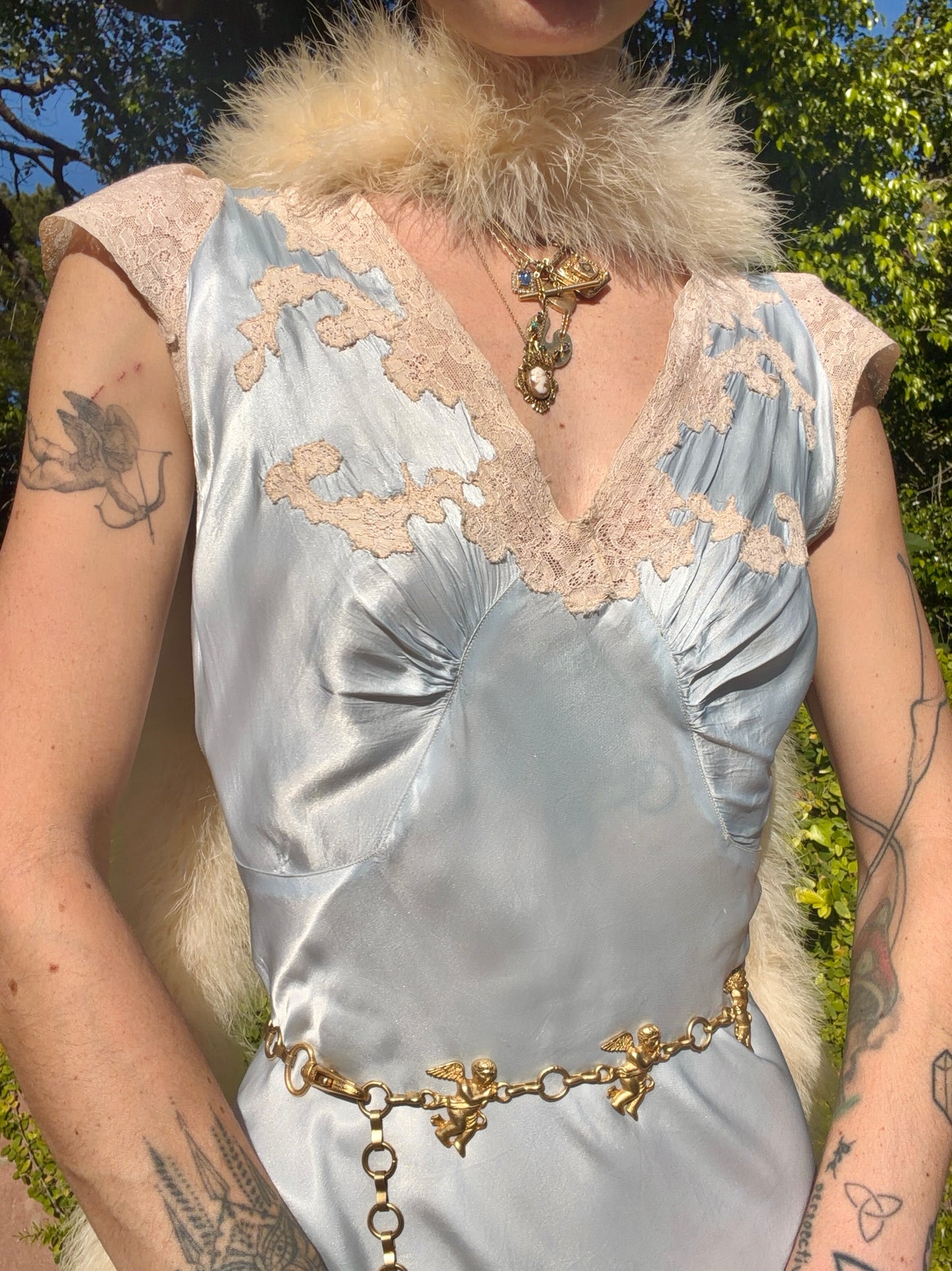 Whimsical Ice Blue Antique 1930's Silk Charmeuse Bias Cut Slip Dress with Cream Lace Inserts - Volup Size