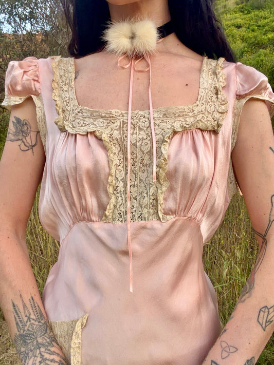 RARE Stunning Antique 1930’s Cherry Blossom Pink Bias Cut Silk Slip Dress with Unique Lace Detail