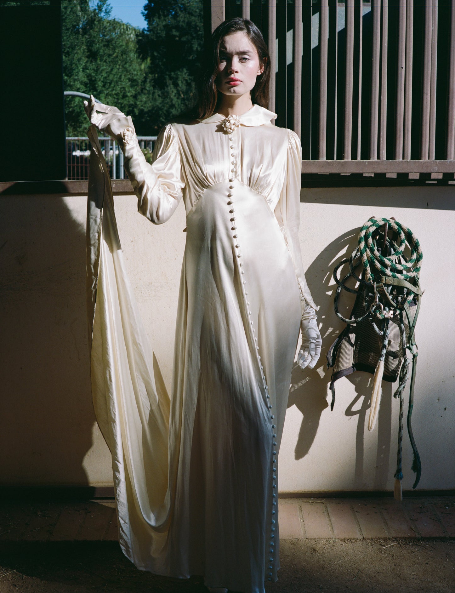 Timeless Antique 1930’s Warm Ivory Liquid Silk Charmeuse Wedding Gown with Sculptural Flower Details and Cathedral Train