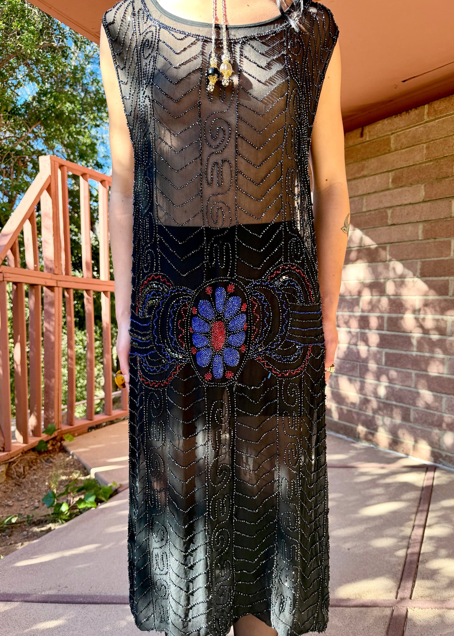(reserved) Museum Worthy, Antique 1920’s Inky Black Silk Chiffon Art Deco Gown with Red, Blue, and Black Glass Beading
