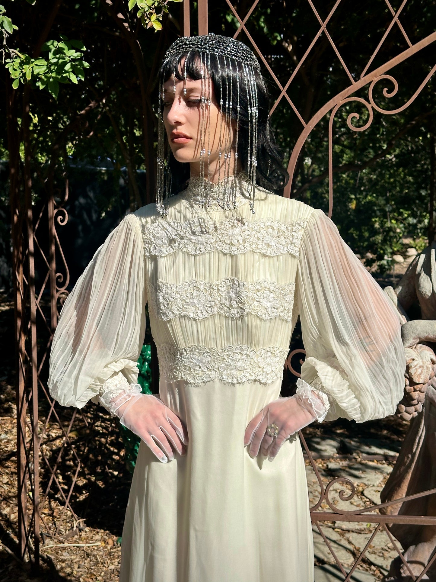 Whimsical Vintage 1970's Victorian Inspired Silk Chiffon Alencon Lace Bridal Dress in Alabaster