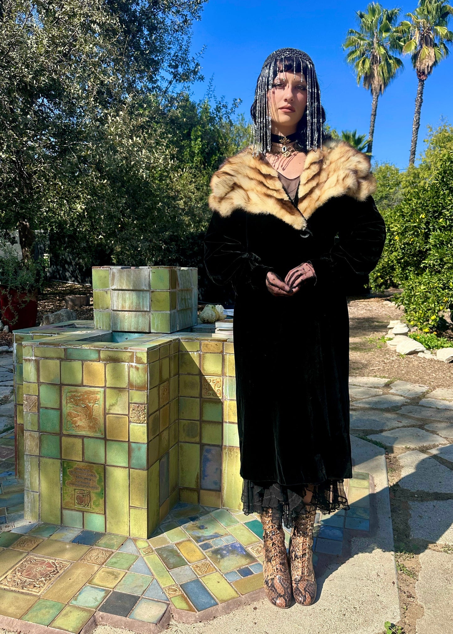 Old Hollywood Antique 1930’s AWB Boulevard Black Silk Velvet Opera Coat with Fox Fur Semi Shawl Collar. Museum Quality - Documented.