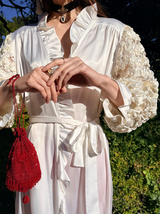 Luxurious Designer Vintage 1980’s Scaasi Eggshell White Silky Satin Bridal Robe Lounge Wear